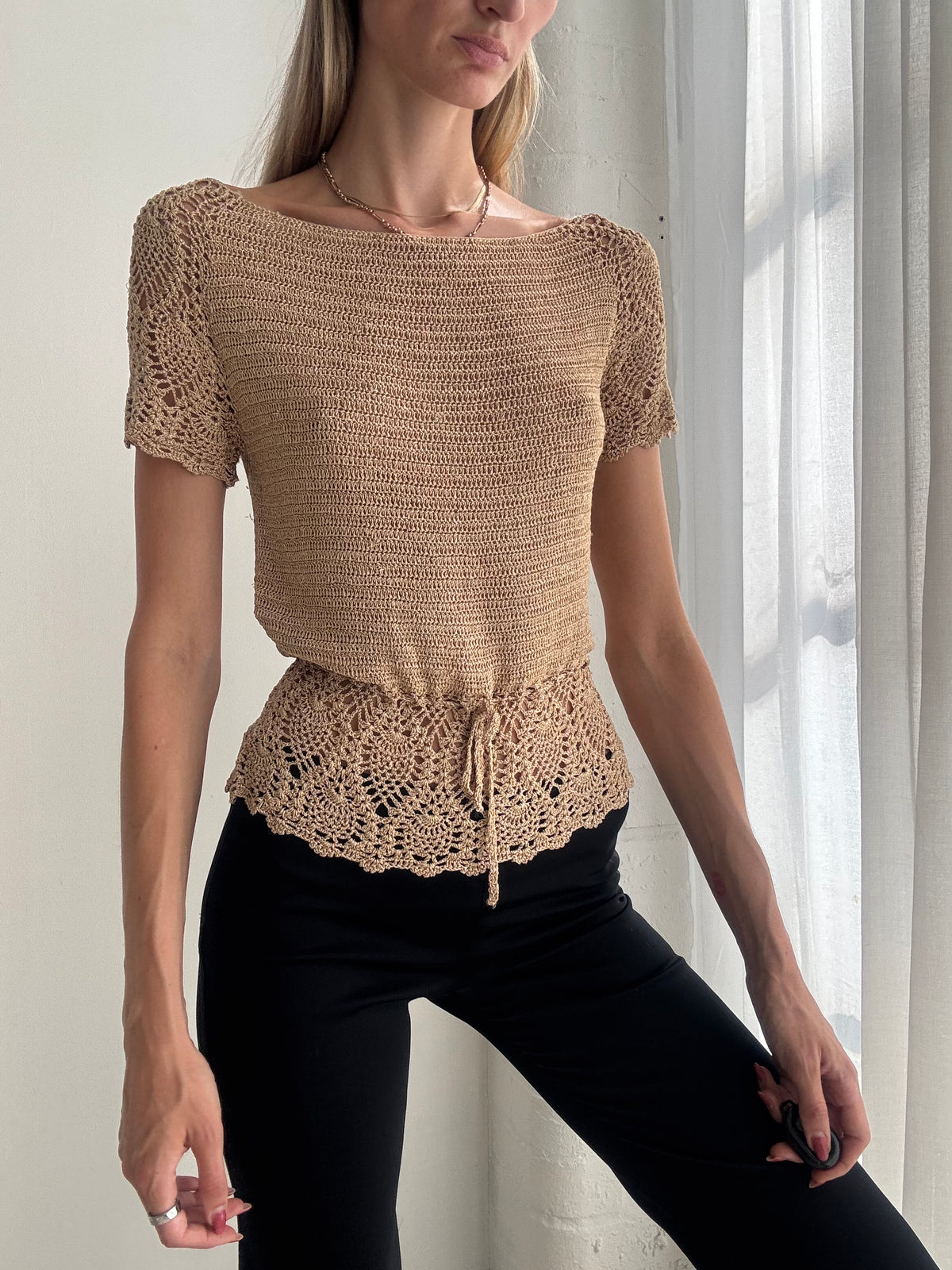 Vintage Y2K Beige Crochet Knit Short Sleeve Top - Size S