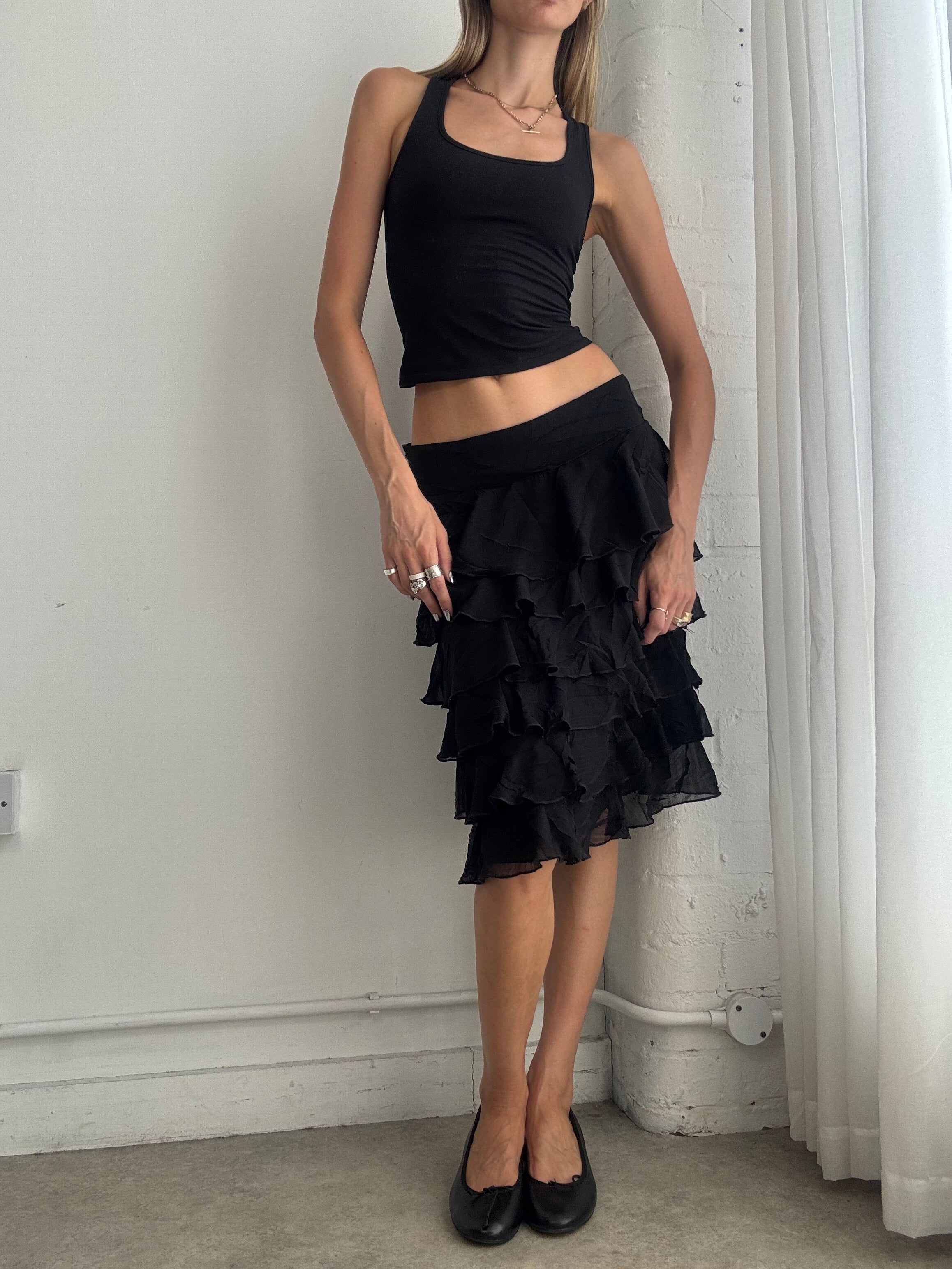 Vintage Y2K Black Tiered Ruffle Midi Skirt – Boho Mesh Layered Skirt - Size S/M