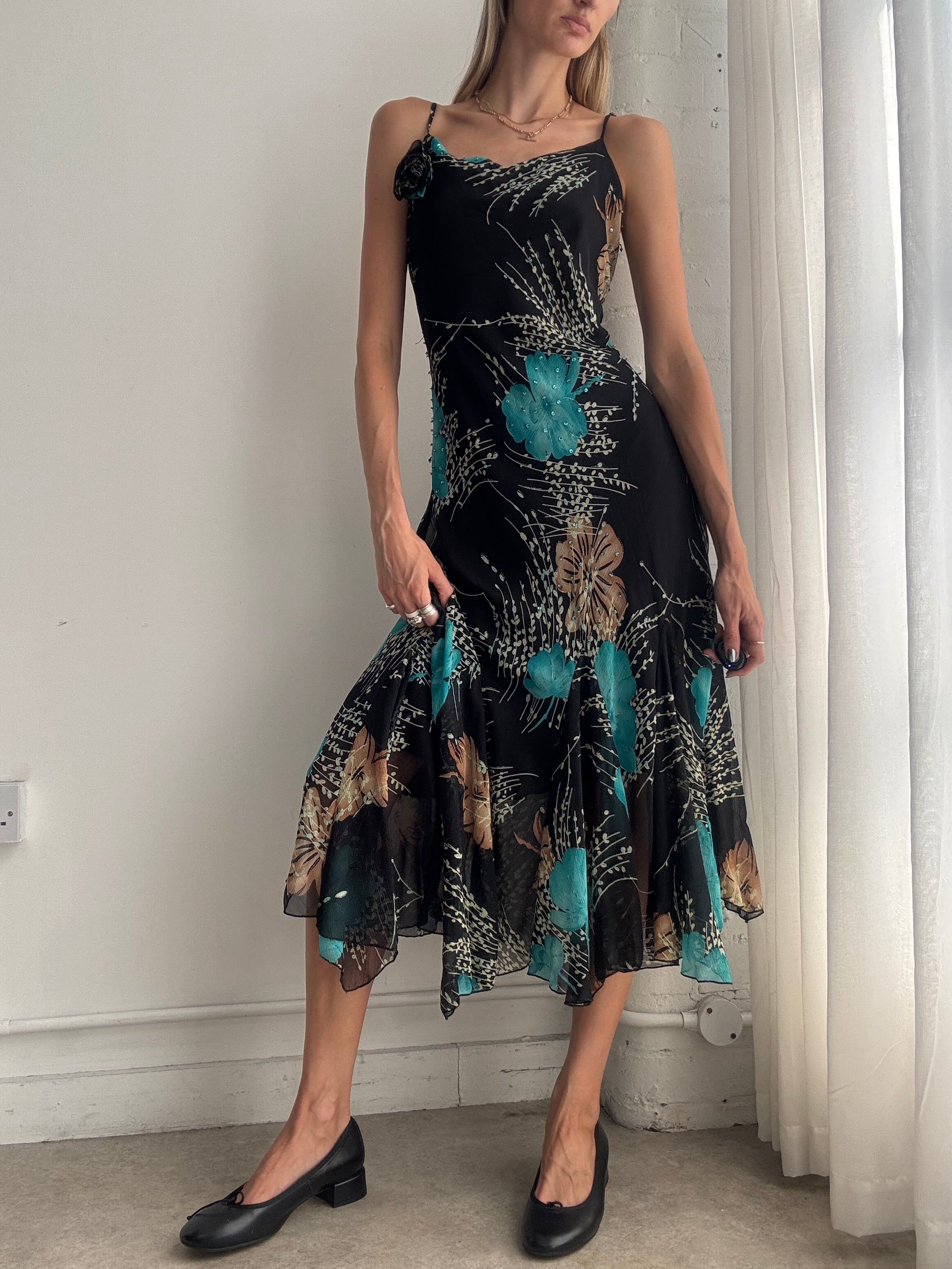 Vintage Y2K Black & Turquoise Floral Mesh Midi Slip Dress – Size M/L