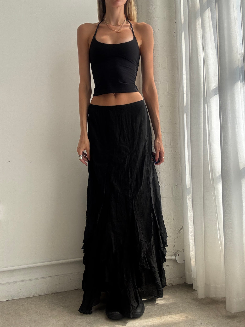 Vintage Y2k Black Ruffle Maxi Skirt - Size S/M
