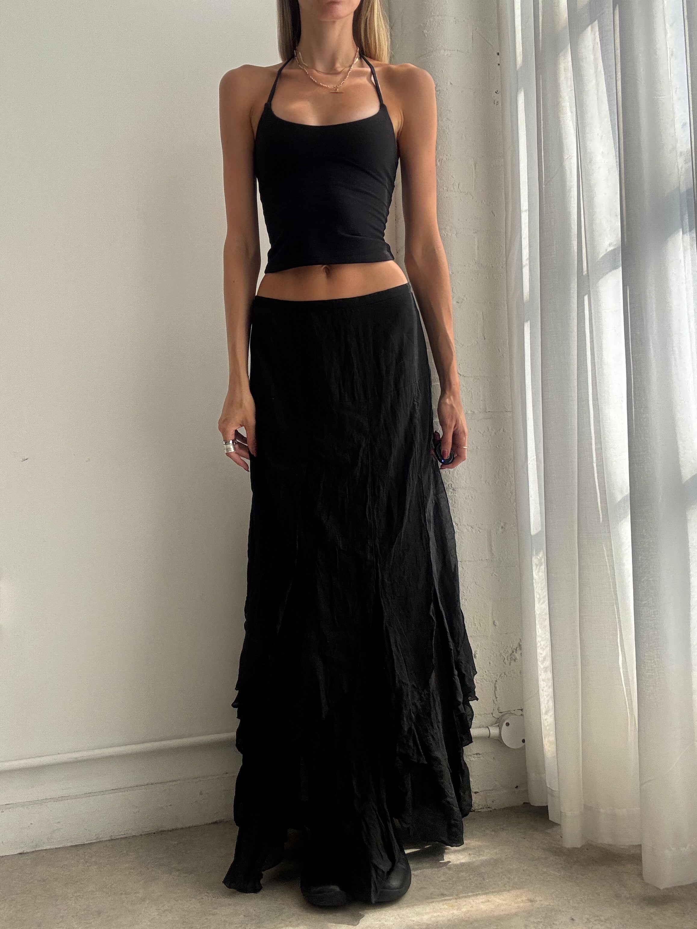 Vintage Y2k Black Ruffle Maxi Skirt - Size S/M