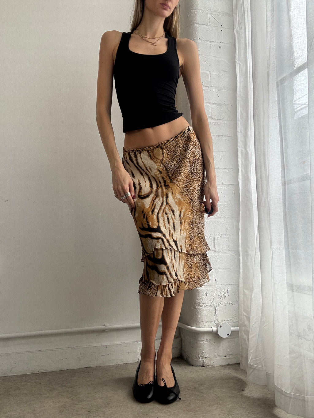 Vintage Y2K animal print silk midi skirt