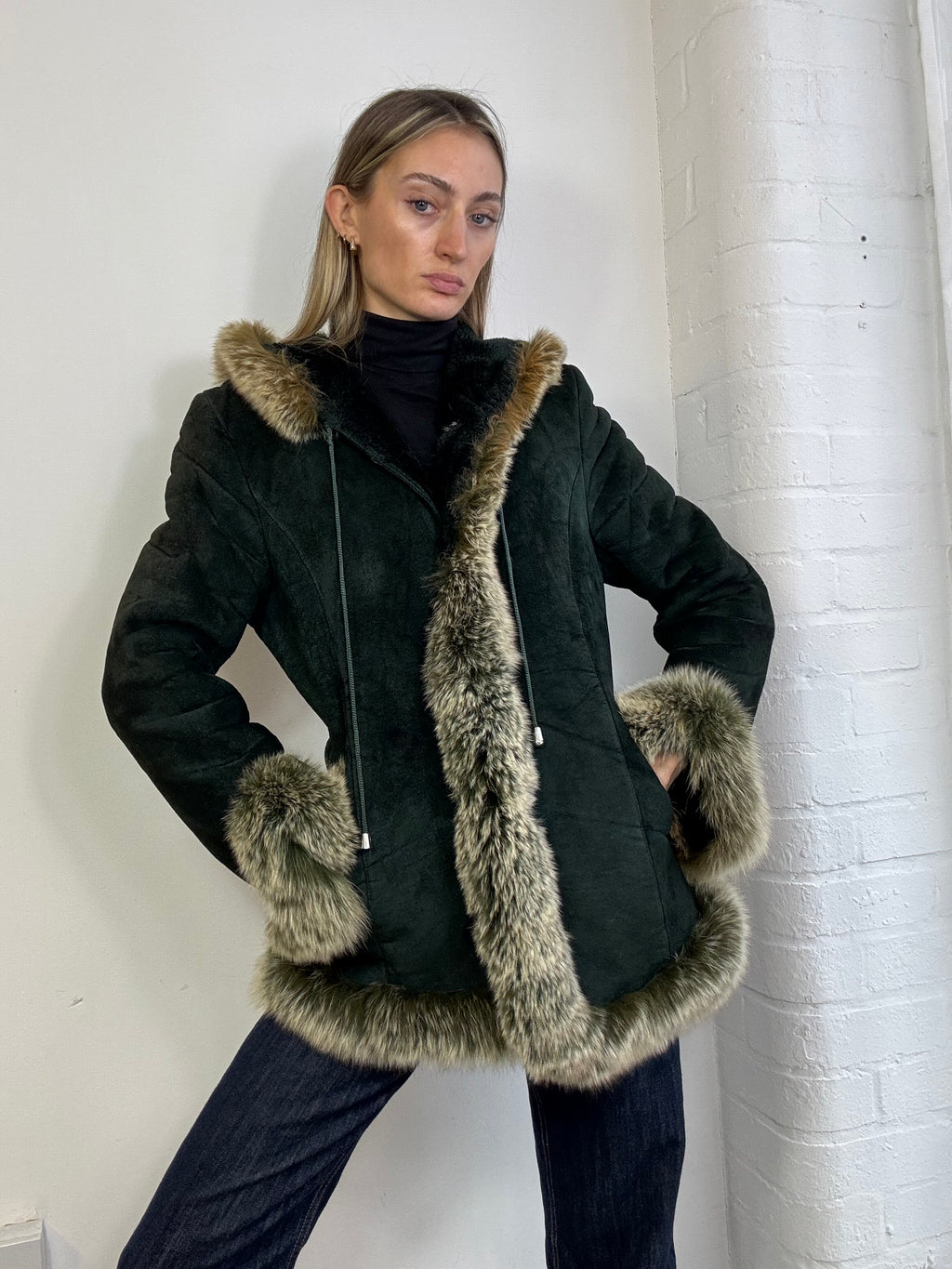 Vintage 90s sheepskin hooded coat