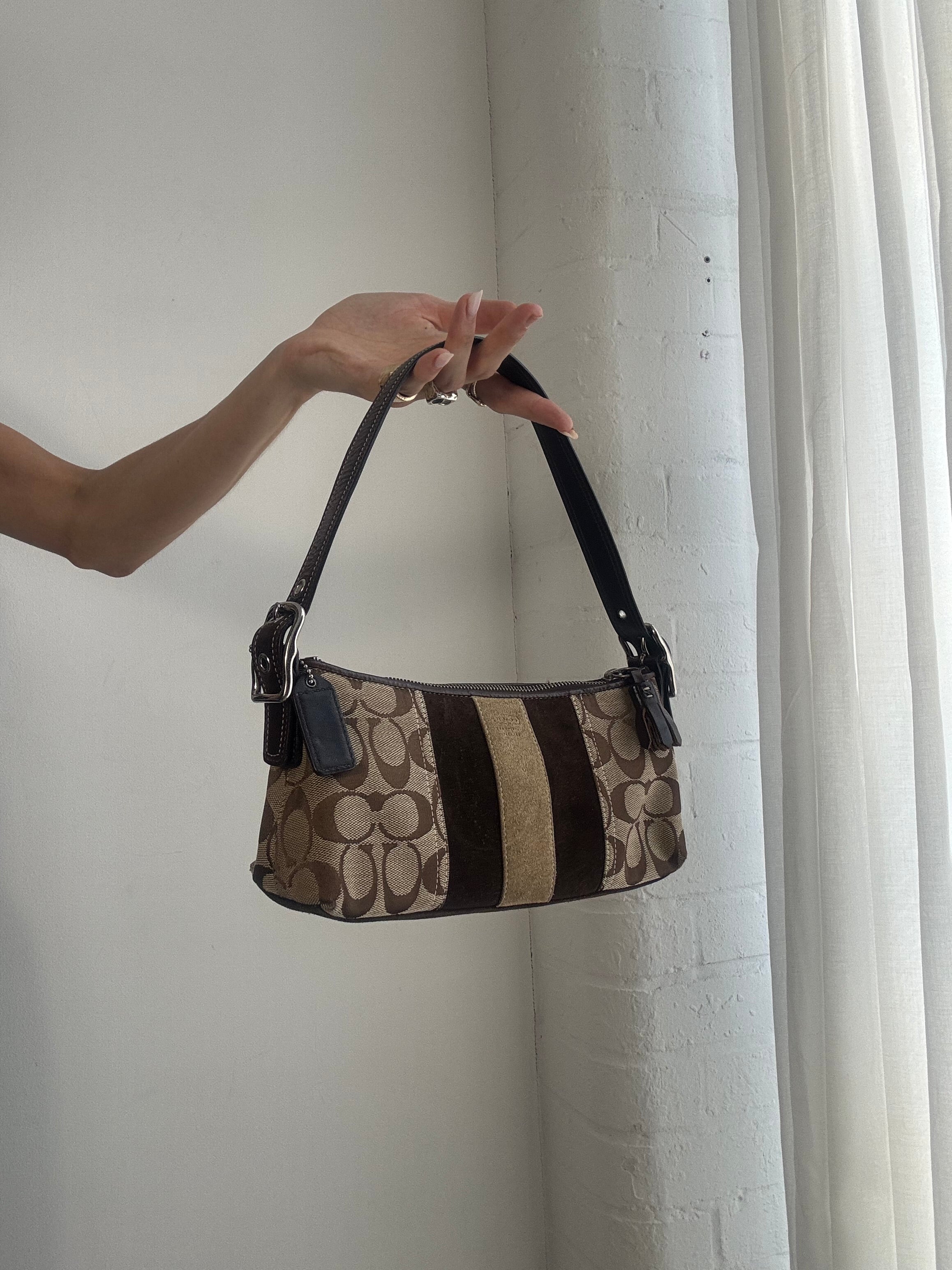 Vintage Y2K Coach East West Shoulder Bag – Brown Monogram Stripe Baguette Bag