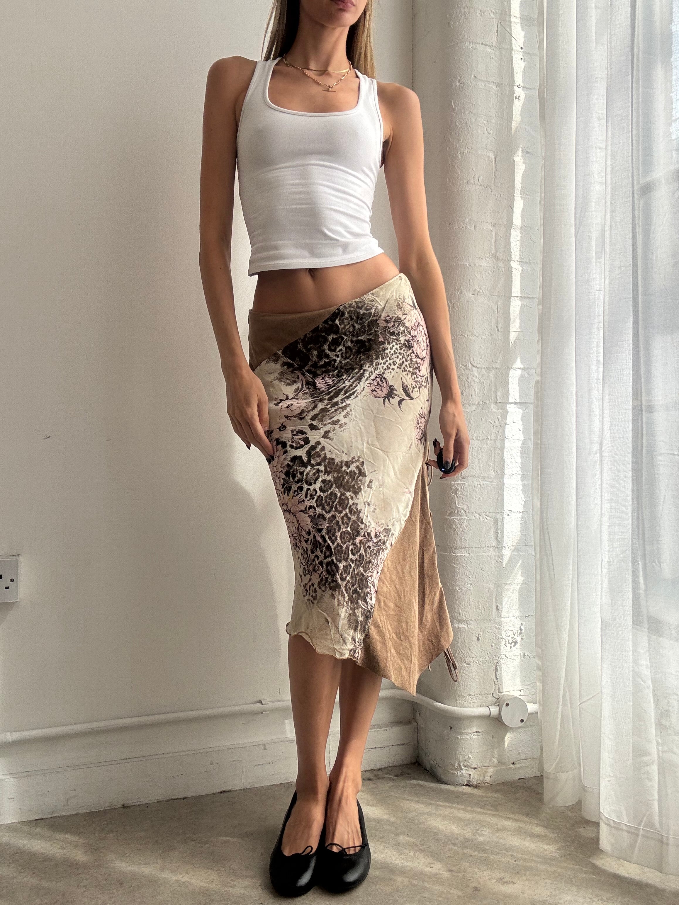 Vintage Y2K leopard print & floral asymmetric midi skirt - Size XS/S