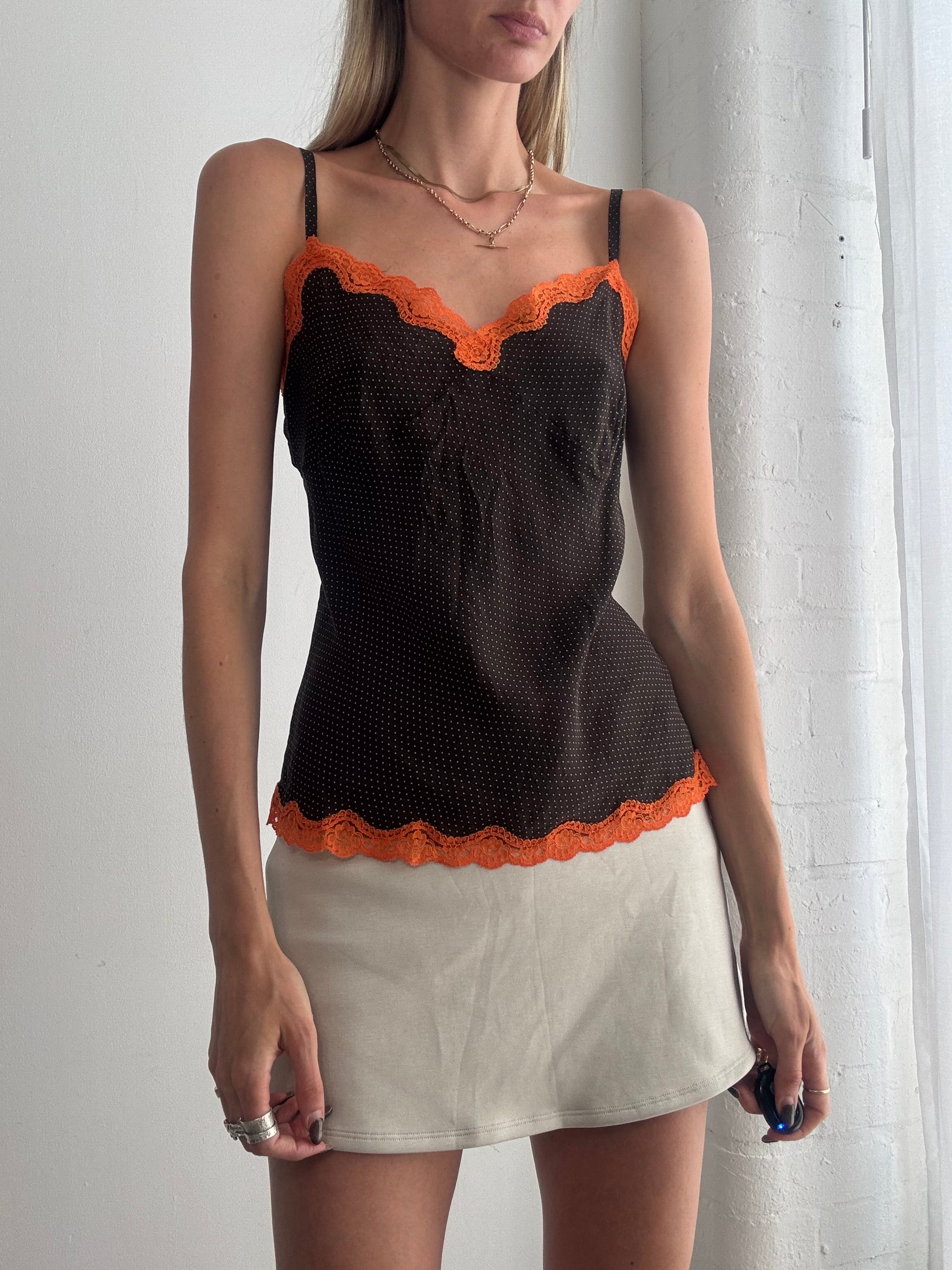 Vintage Y2K brown polka dot lace trim camisole top - Size L