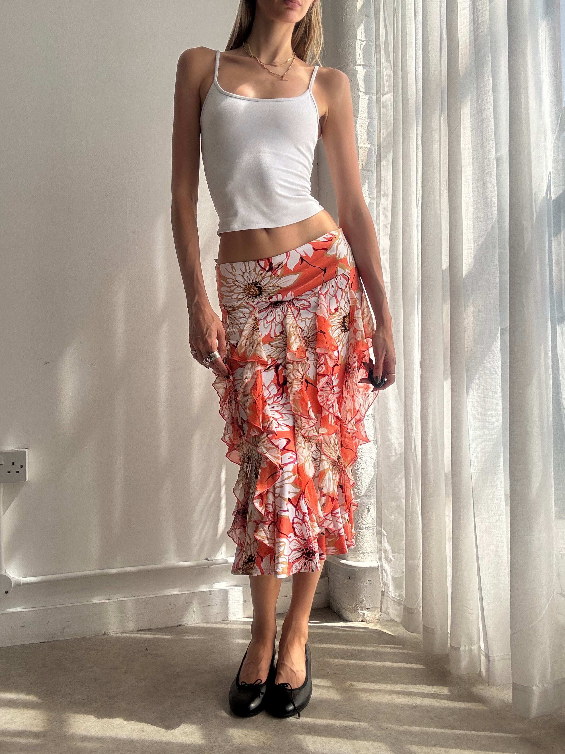 Vintage coral floral ruffle midi skirt - size xs/s