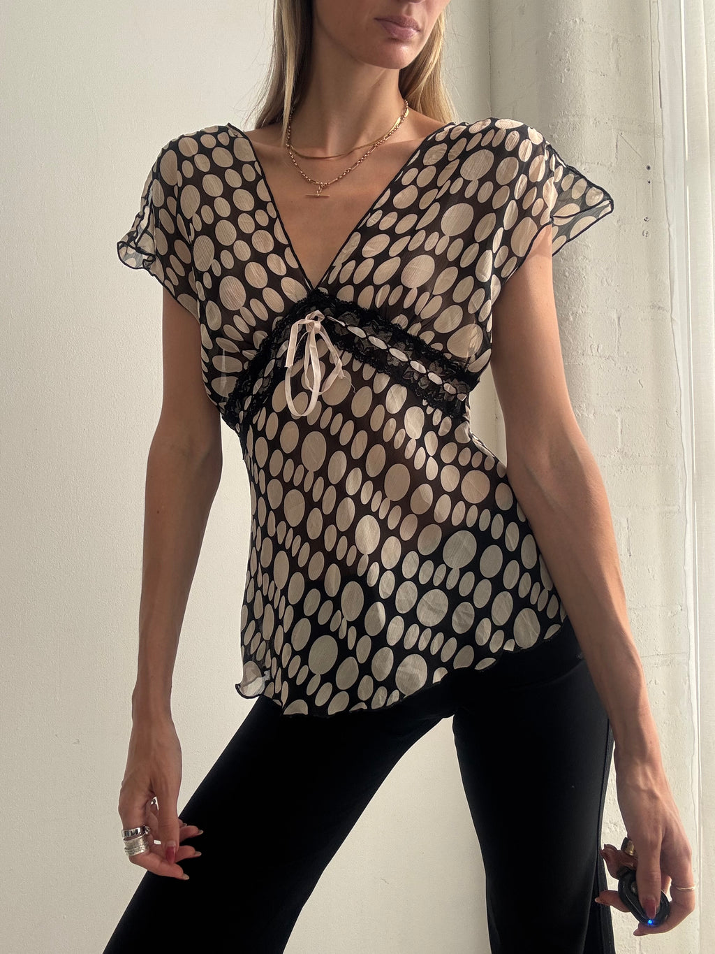 Vintage Y2K Black & Cream Polka Dot Mesh Top - Size S
