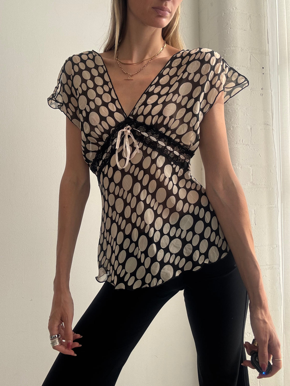 Vintage Y2K Black & Cream Polka Dot Mesh Top - Size S