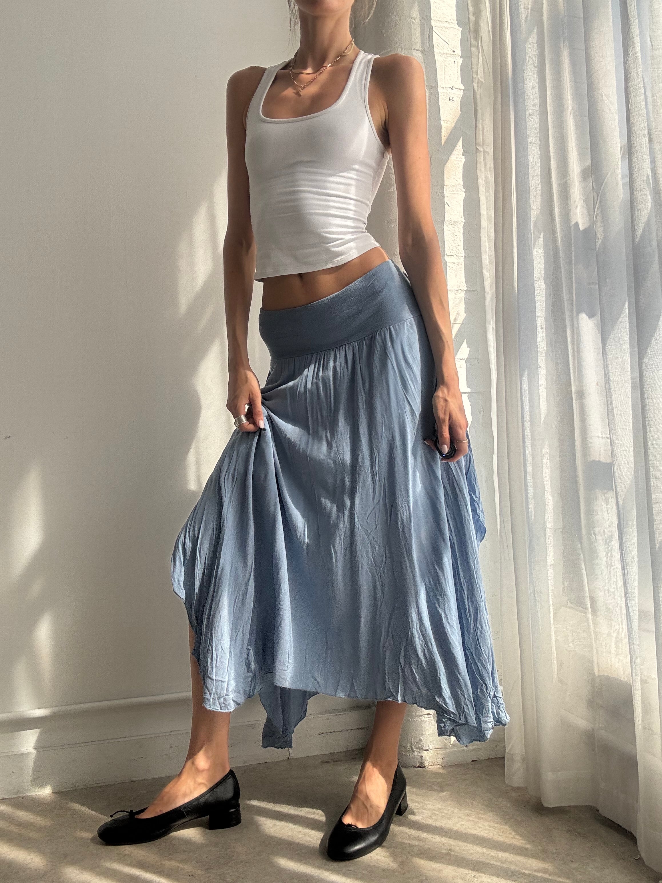 Vintage Y2K Powder Blue Cotton Maxi Skirt Asymmetric - Size M/L