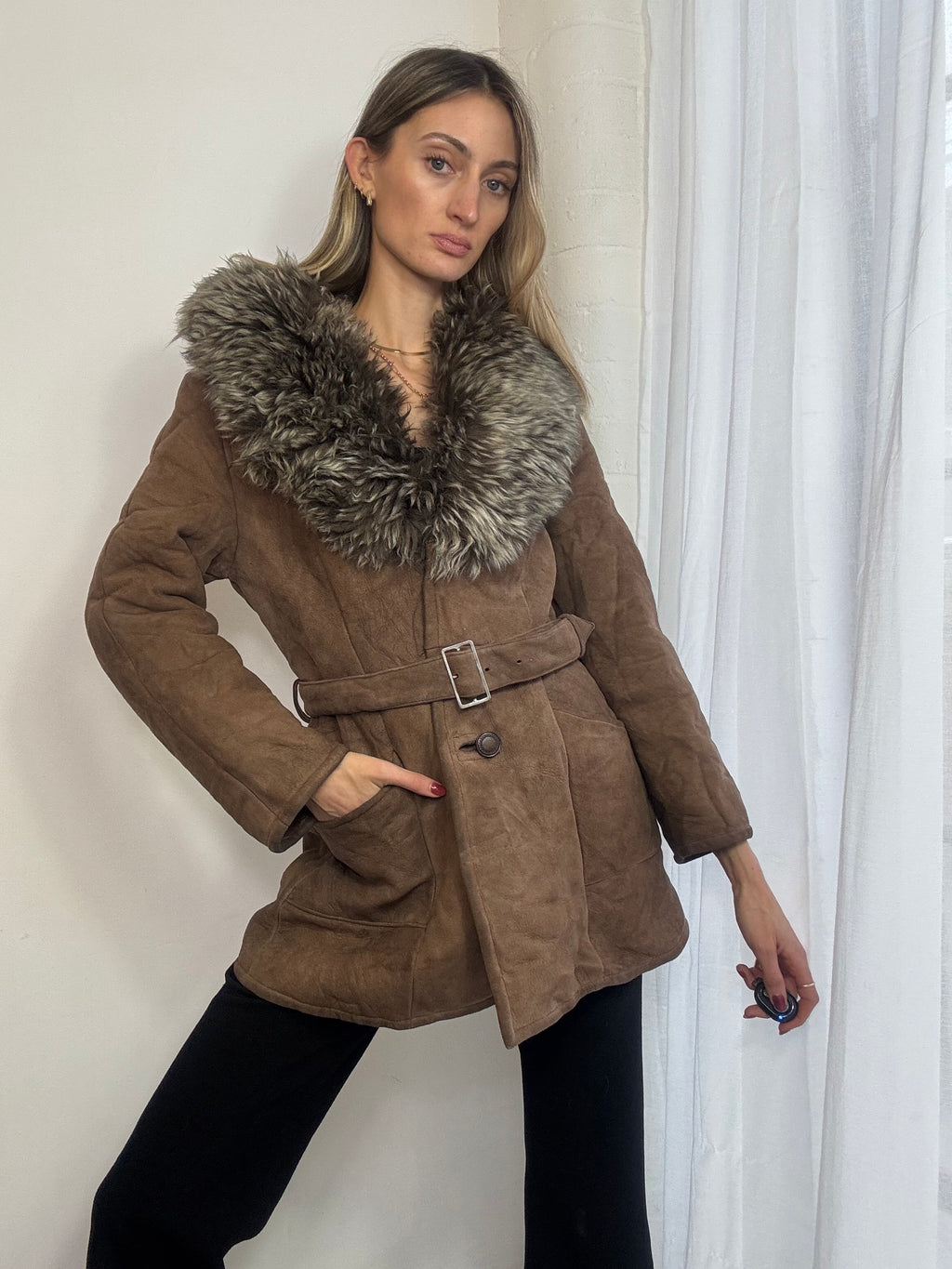 Vintage sheepskin belted coat