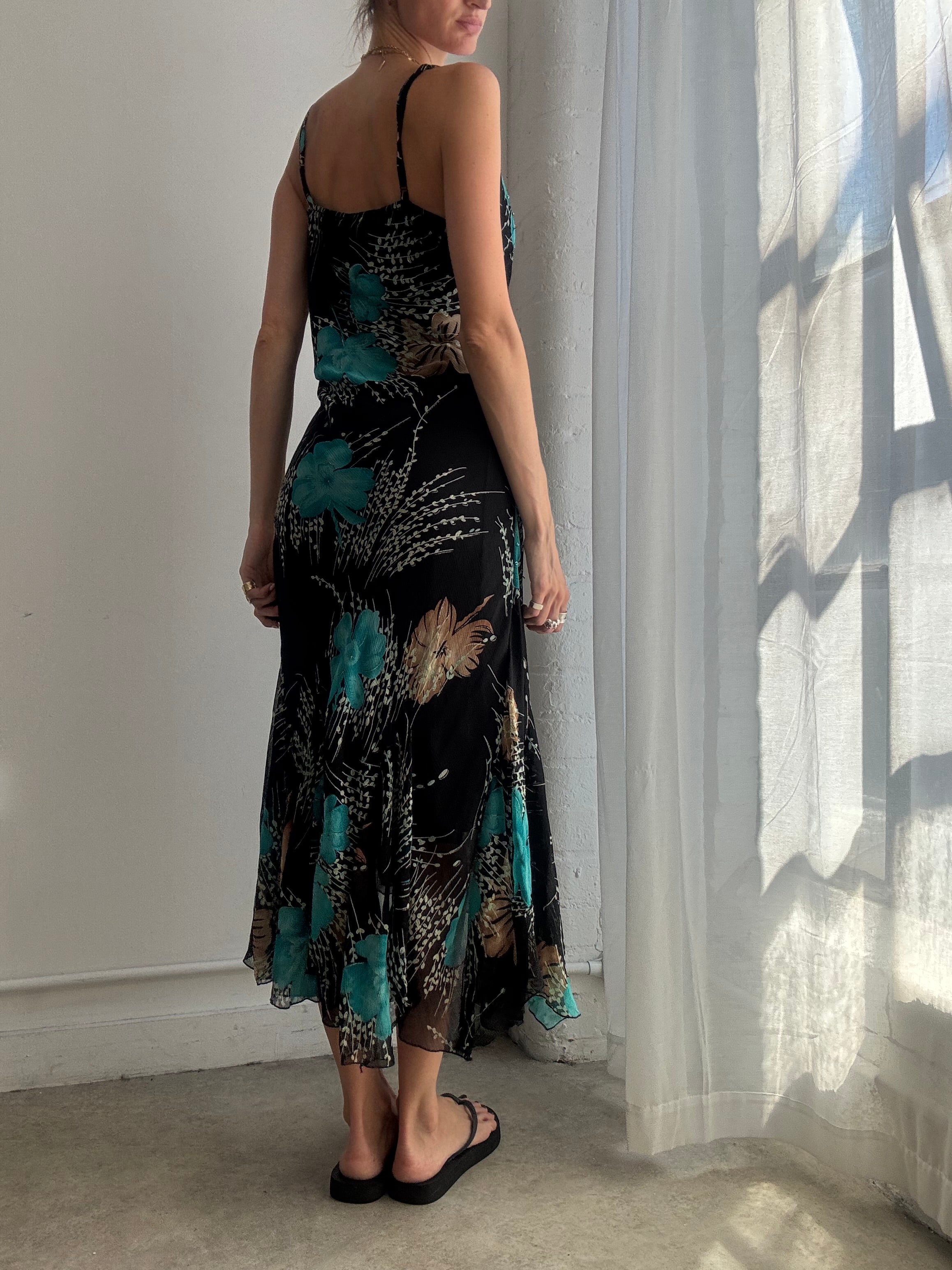 Vintage Tropical Floral Mesh Asymmetric Midi Dress Y2K - Size M/L