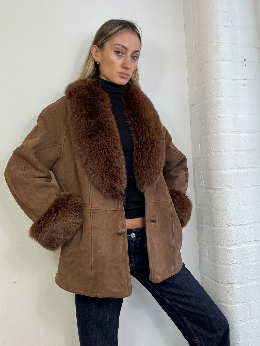 Vintage 90s sheepskin coat with fox fur trim