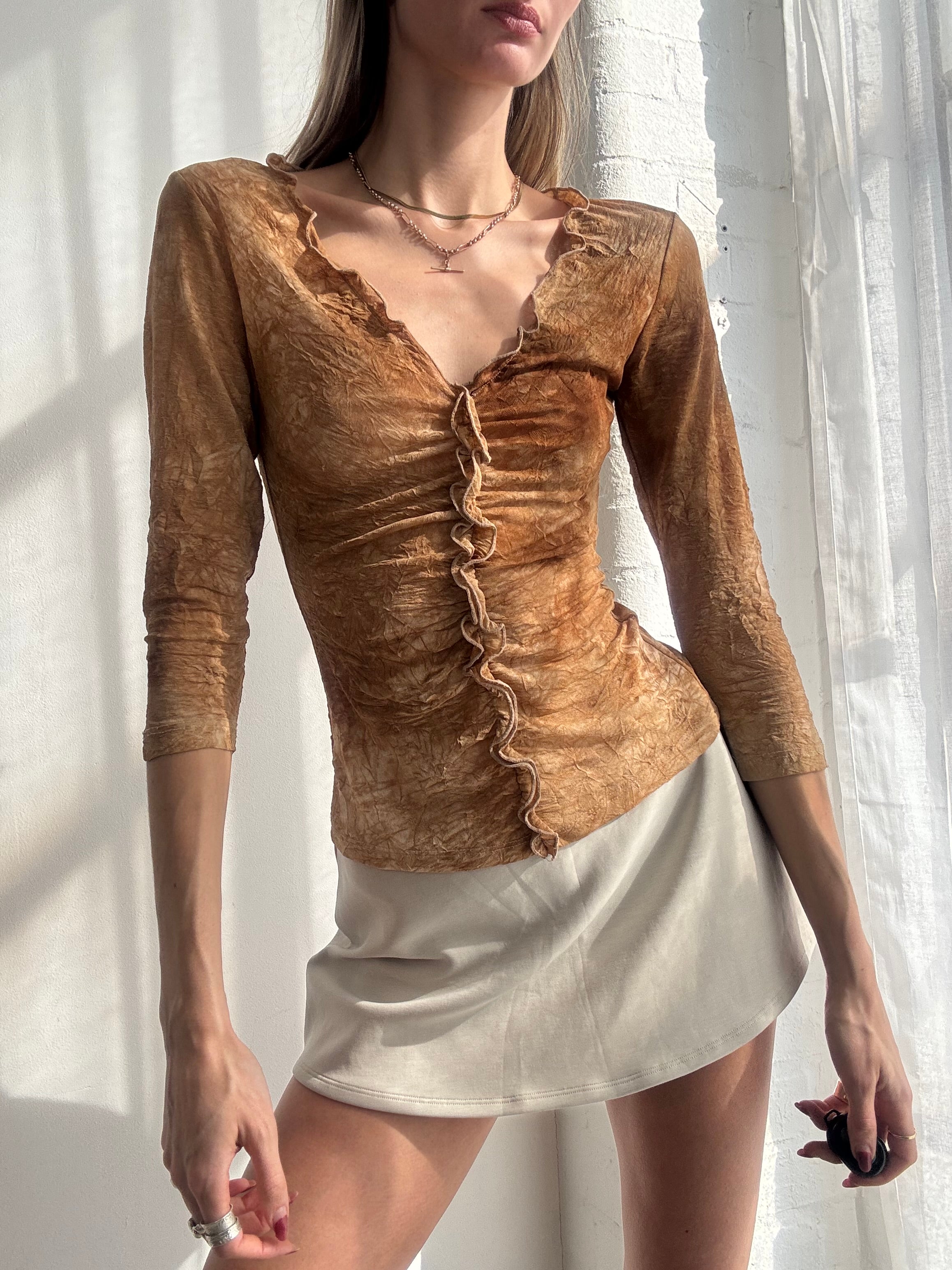 Vintage Y2K brown ruched ruffle mesh long sleeve top