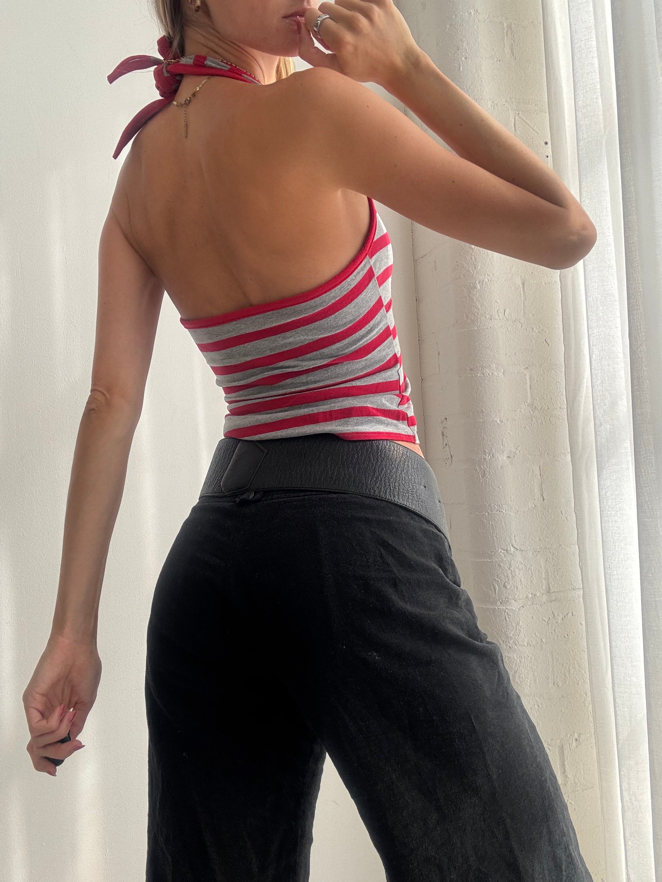 Vintage Y2K Red & Grey Striped Halter Top - Size XS