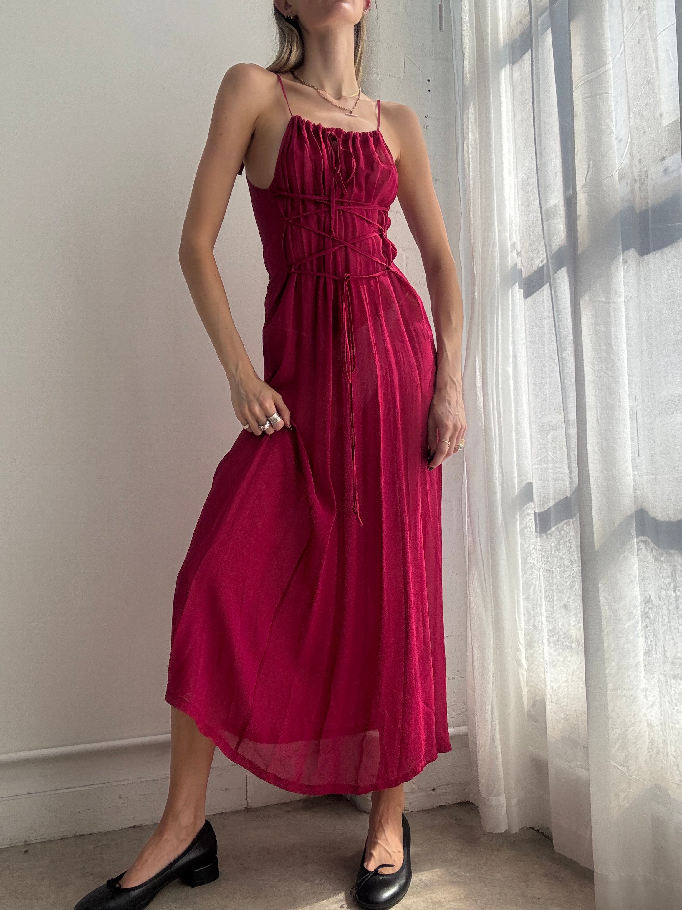 Vintage Y2K raspberry pink lace up chiffon maxi dress - Size S