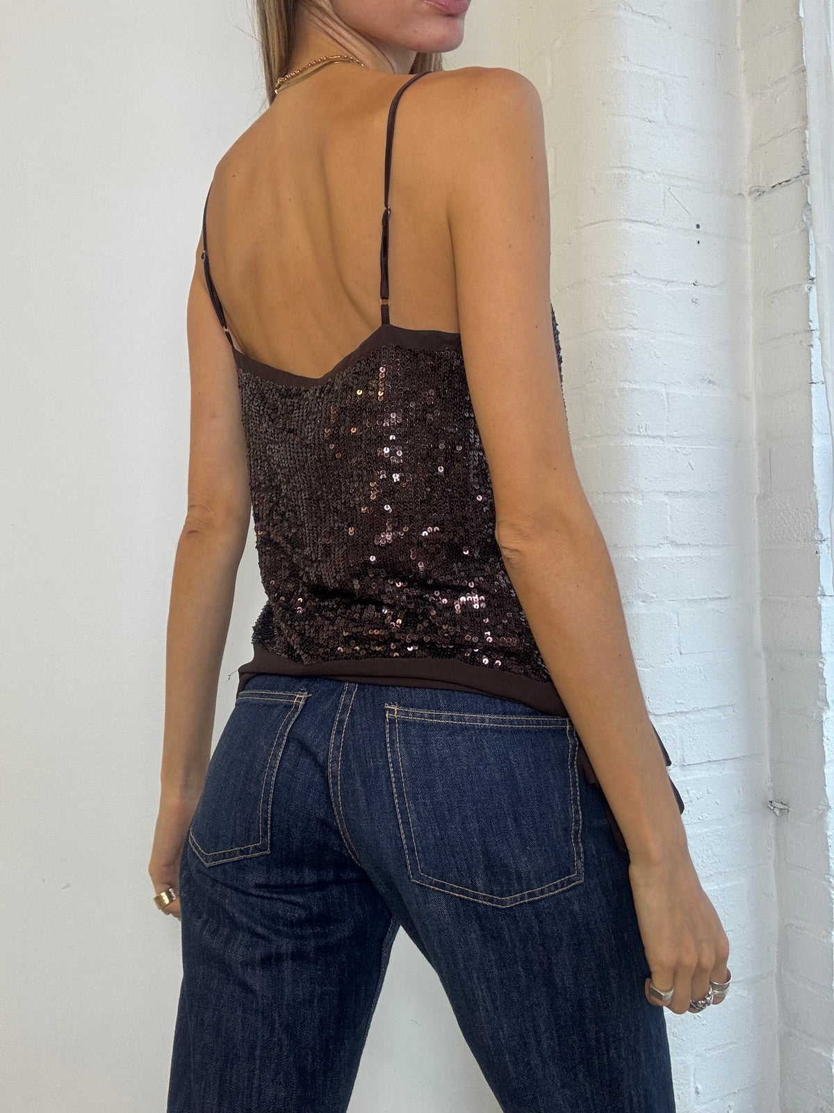 Vintage Y2K Bebe Chocolate Brown Sequin Side Tie Silk Cami Top - Size S