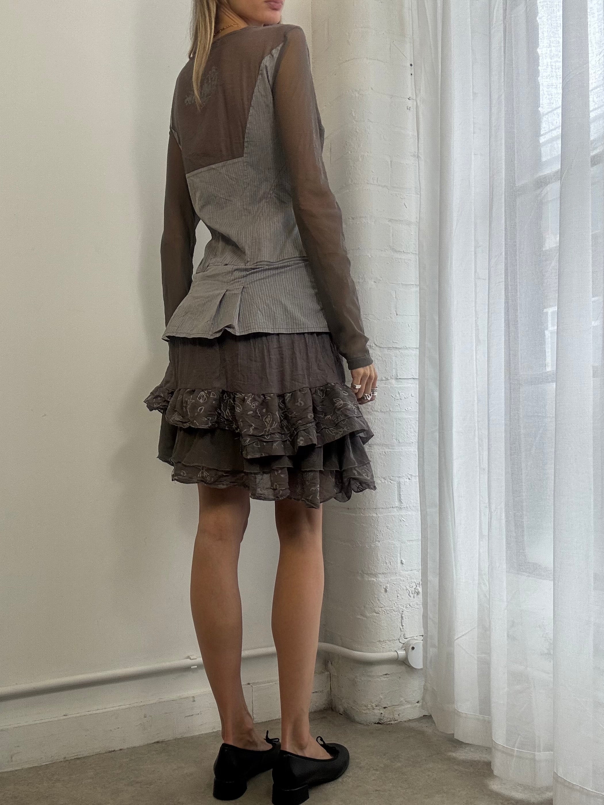 Vintage Y2k Long Sleeve Mesh Ruffle Dress Grey