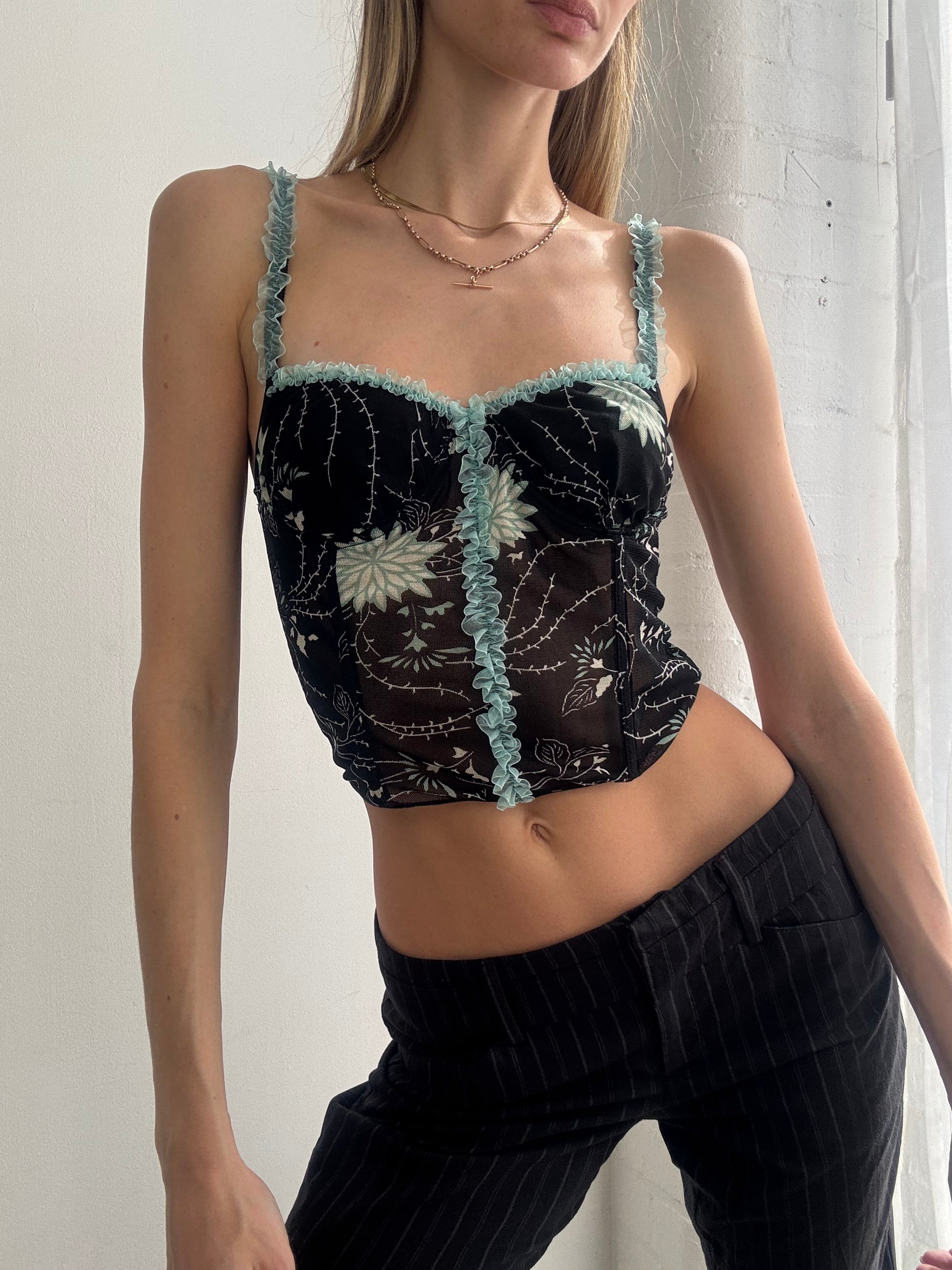 Vintage Y2K floral mesh ruffle corset cami top