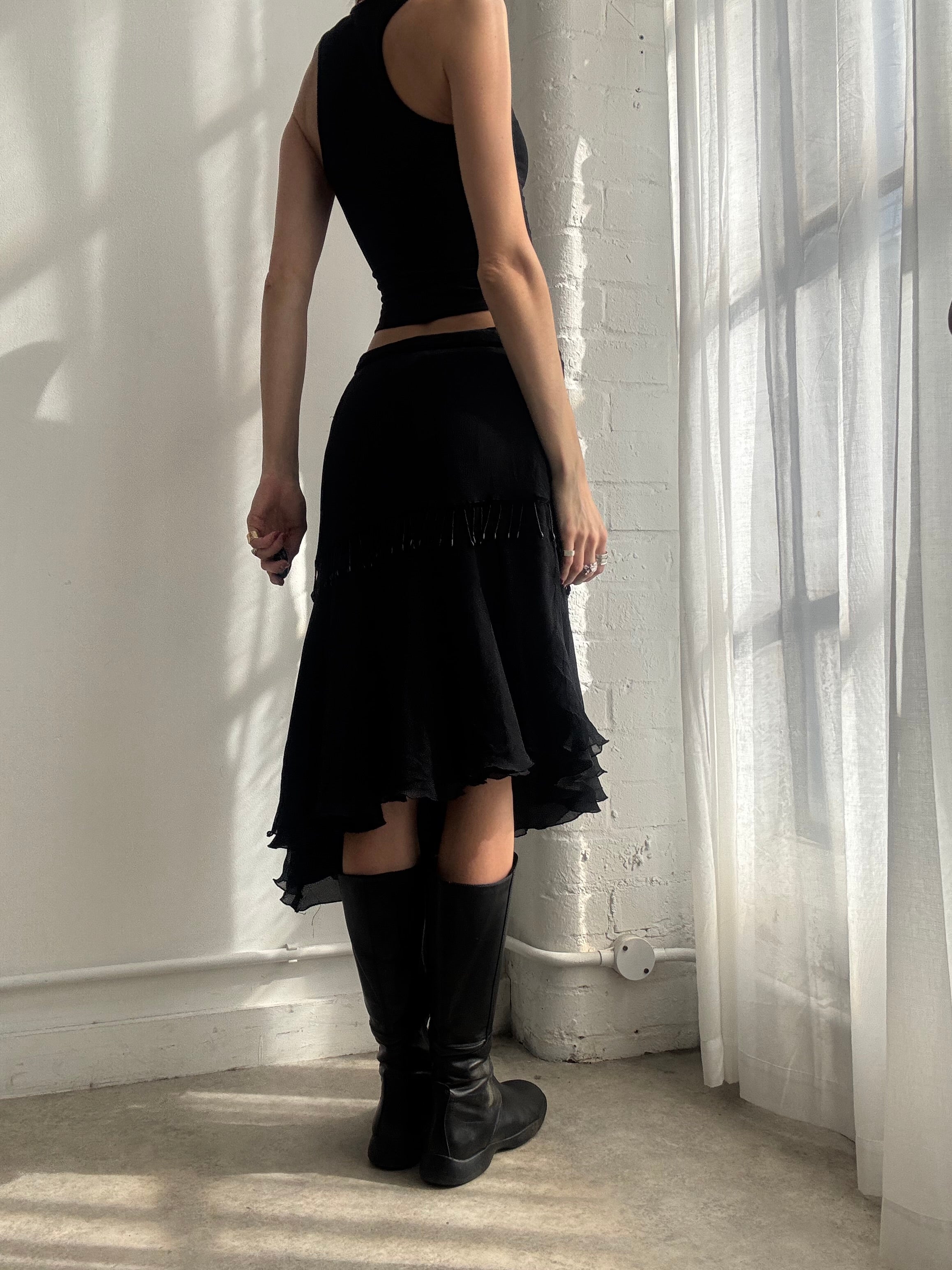 Vintage Y2K black asymmetrical beaded mesh midi skirt