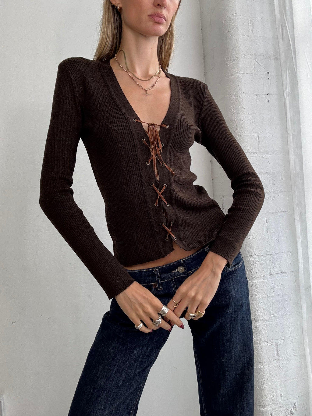 Vintage Y2K brown ribbed knitted jumper lace up