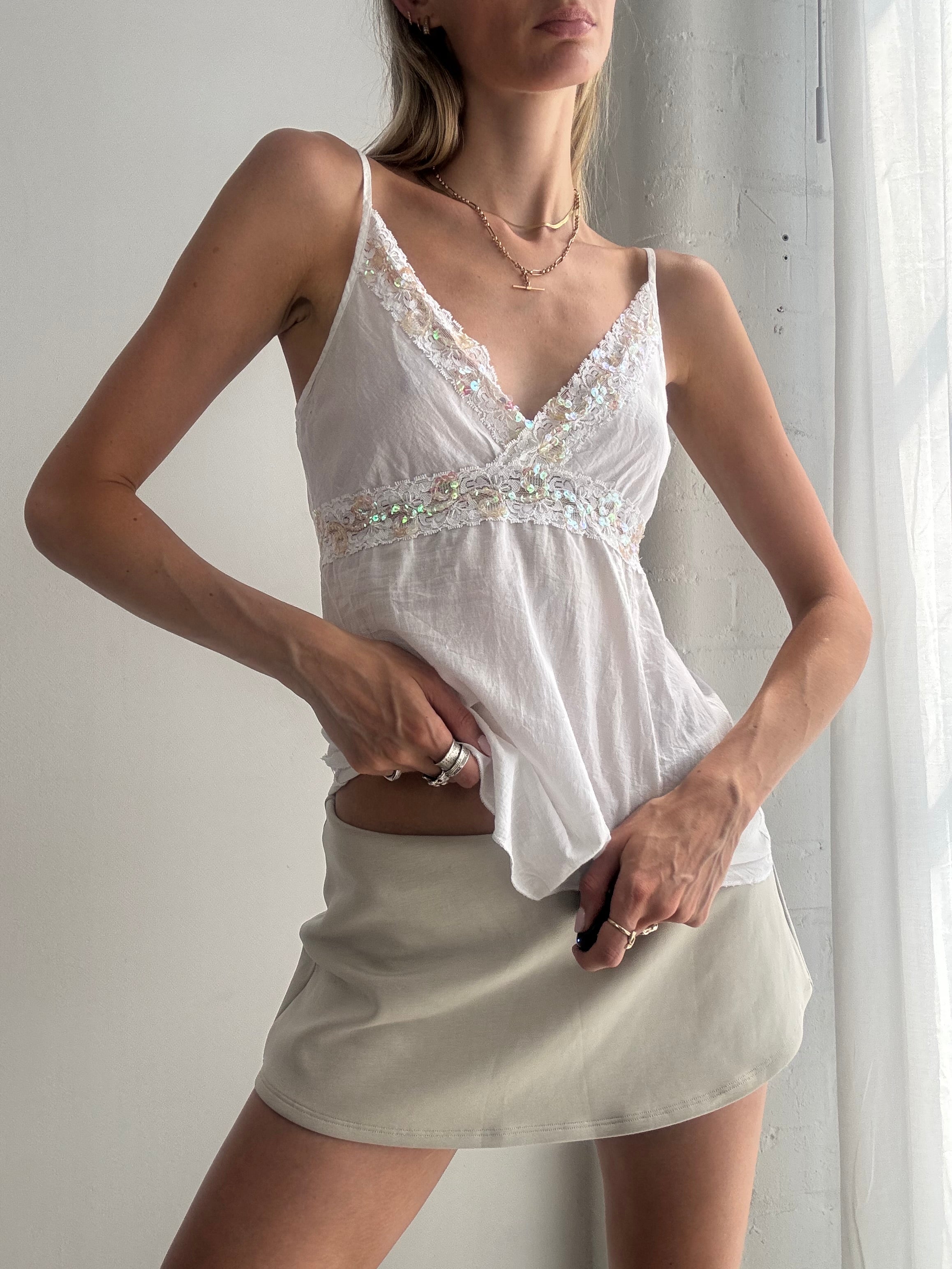 Vintage Y2k White Lace Trim Sequin Cami Top Boho Fairy Grunge - Size S