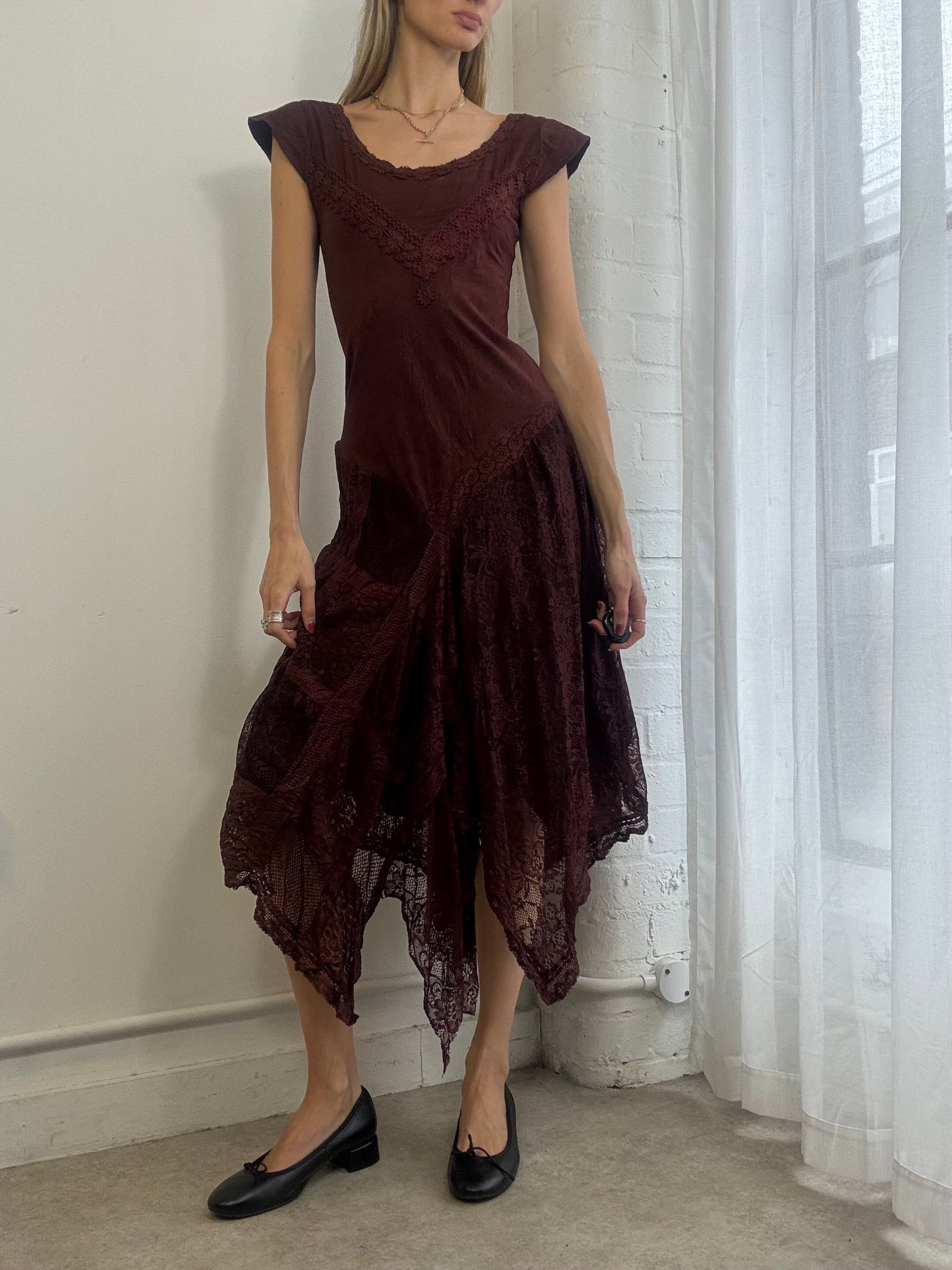 Vintage Y2k Asymmetric Lace Midi Dress Brown Fairy