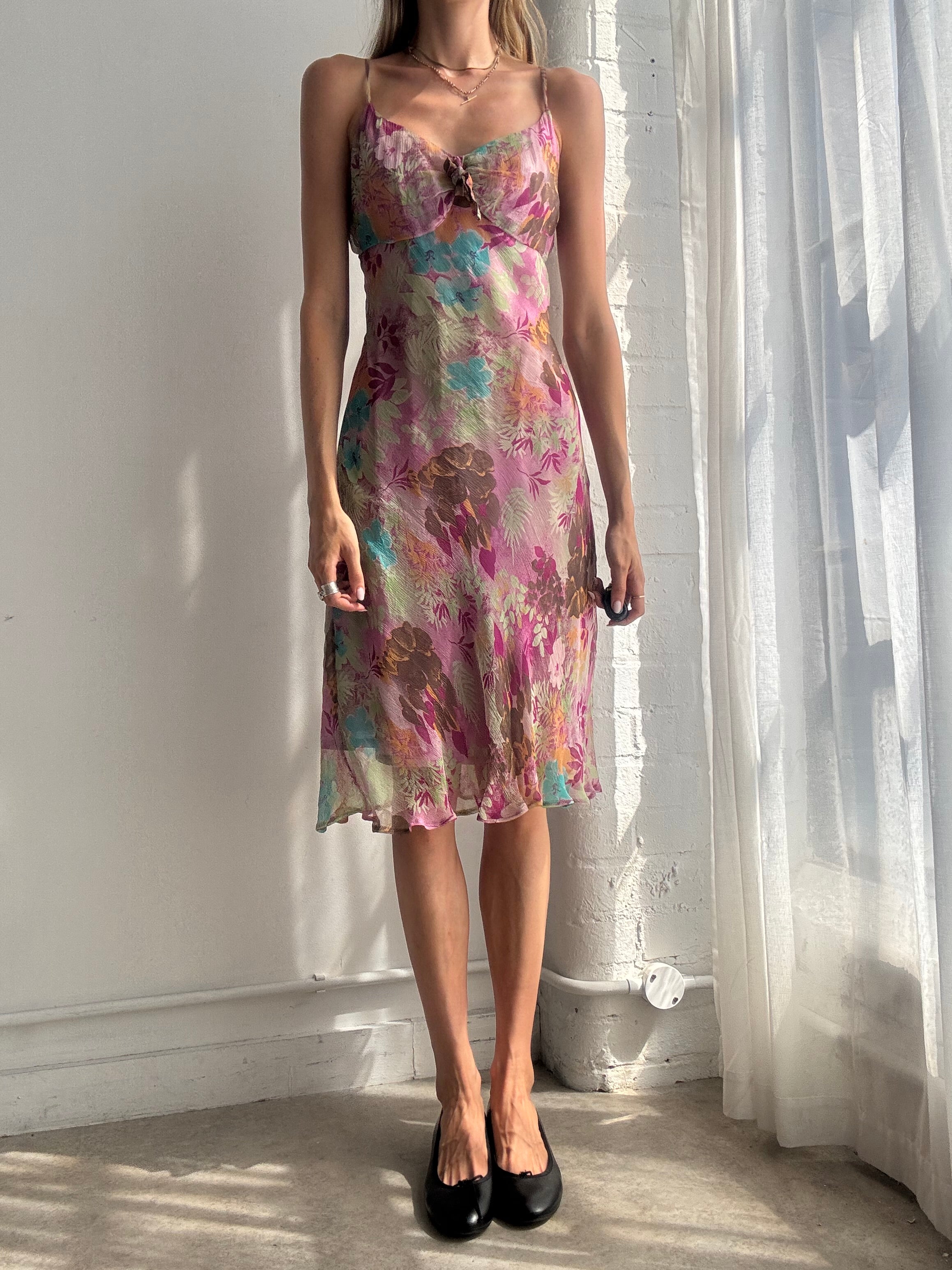Vintage Y2K Pink Floral Silk Slip Dress - Size M/L