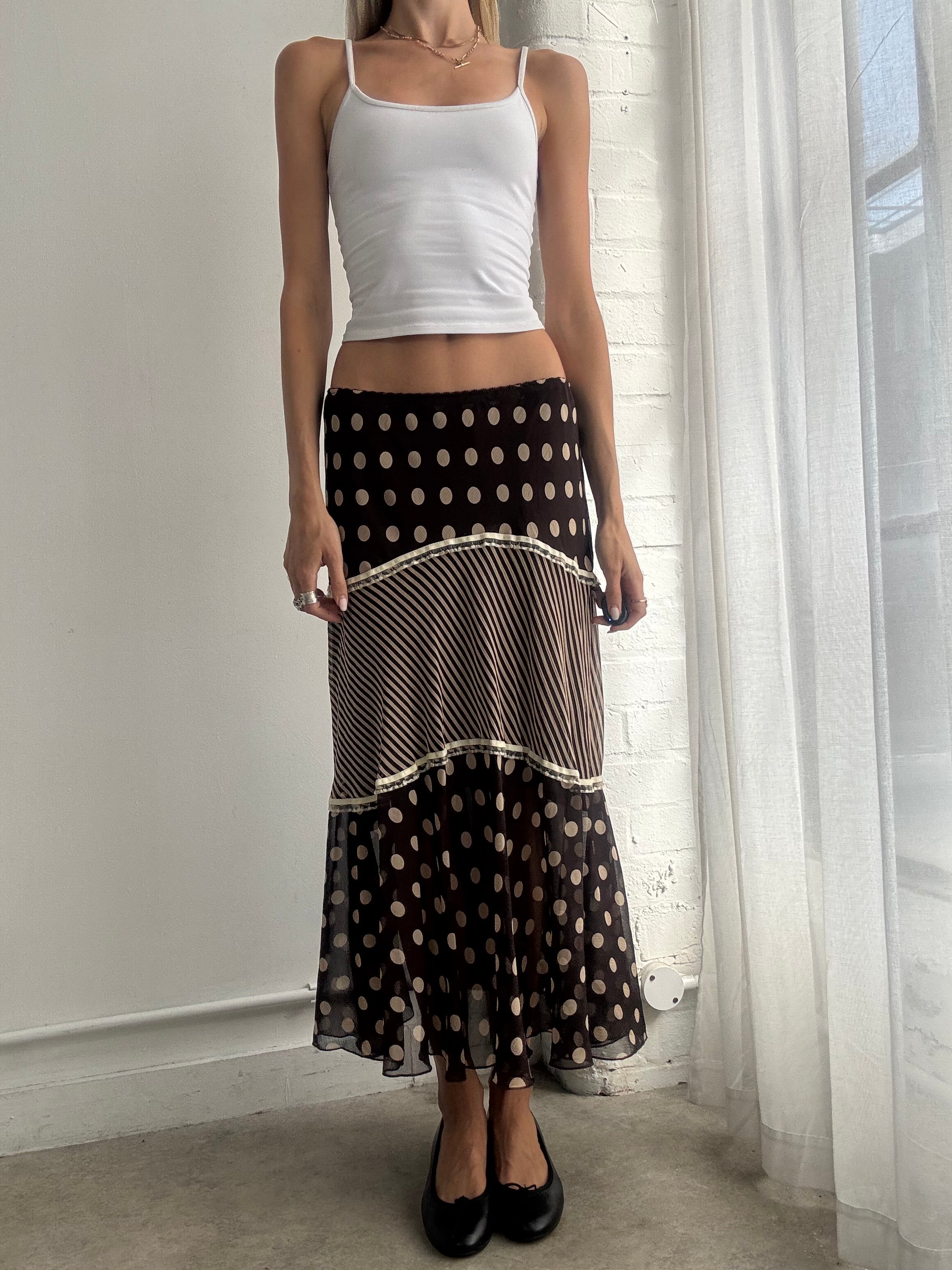 Vintage Y2K Brown Polka Dot Patchwork Maxi Skirt - Size M