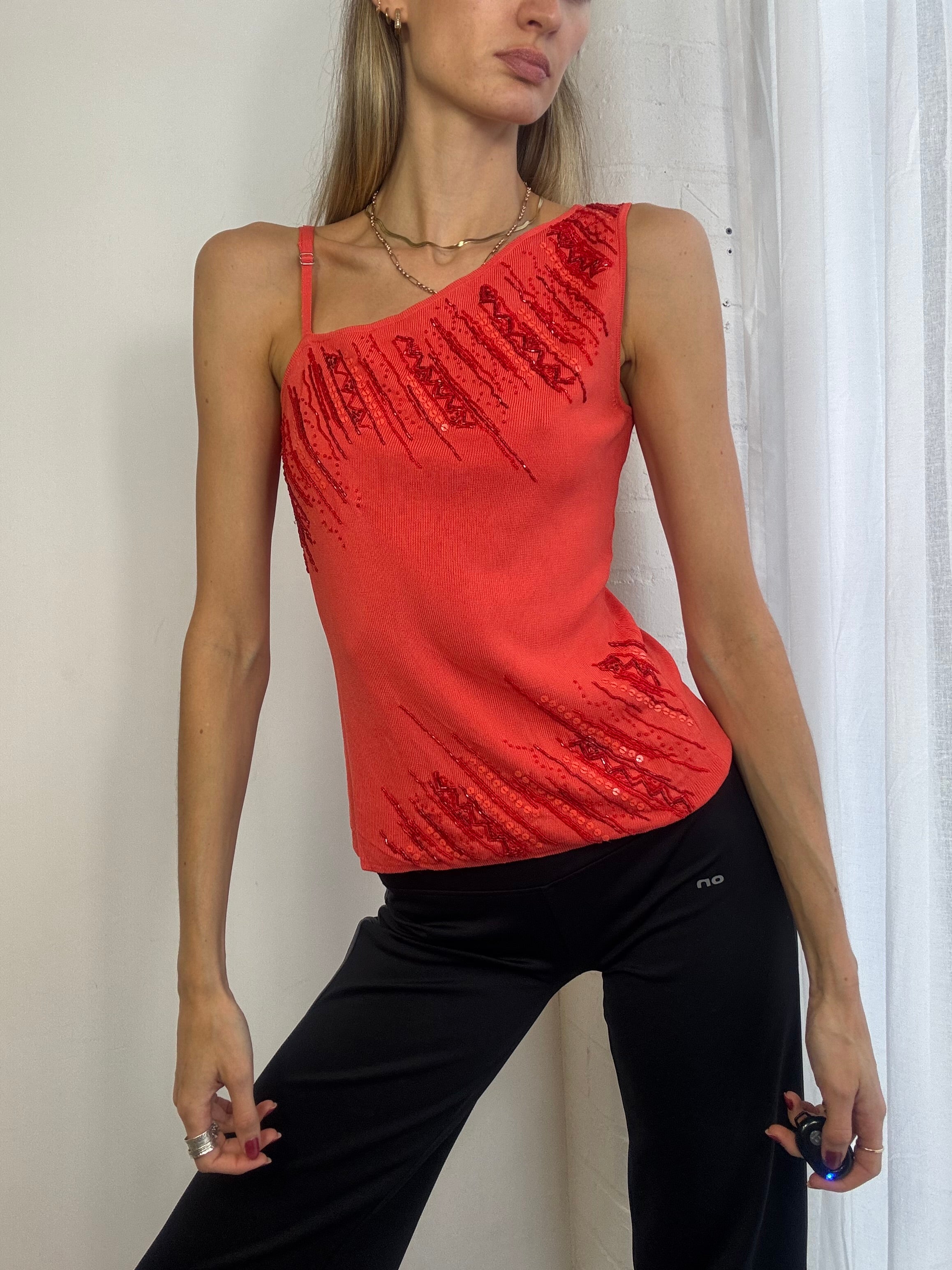 Vintage Y2K one shoulder ribbed top beaded