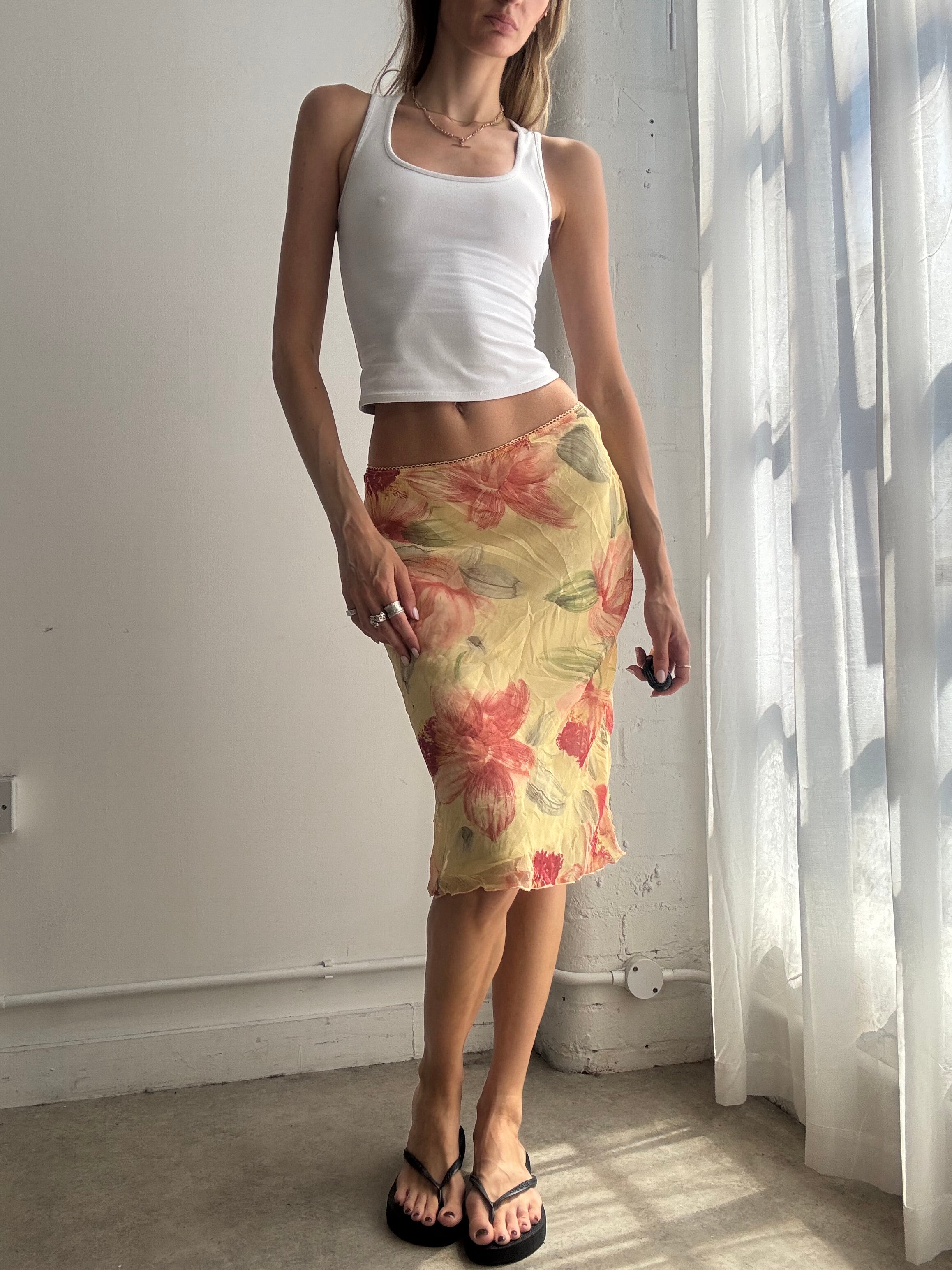 Vintage Floral Mesh Midi Skirt Y2K - Size XS/S