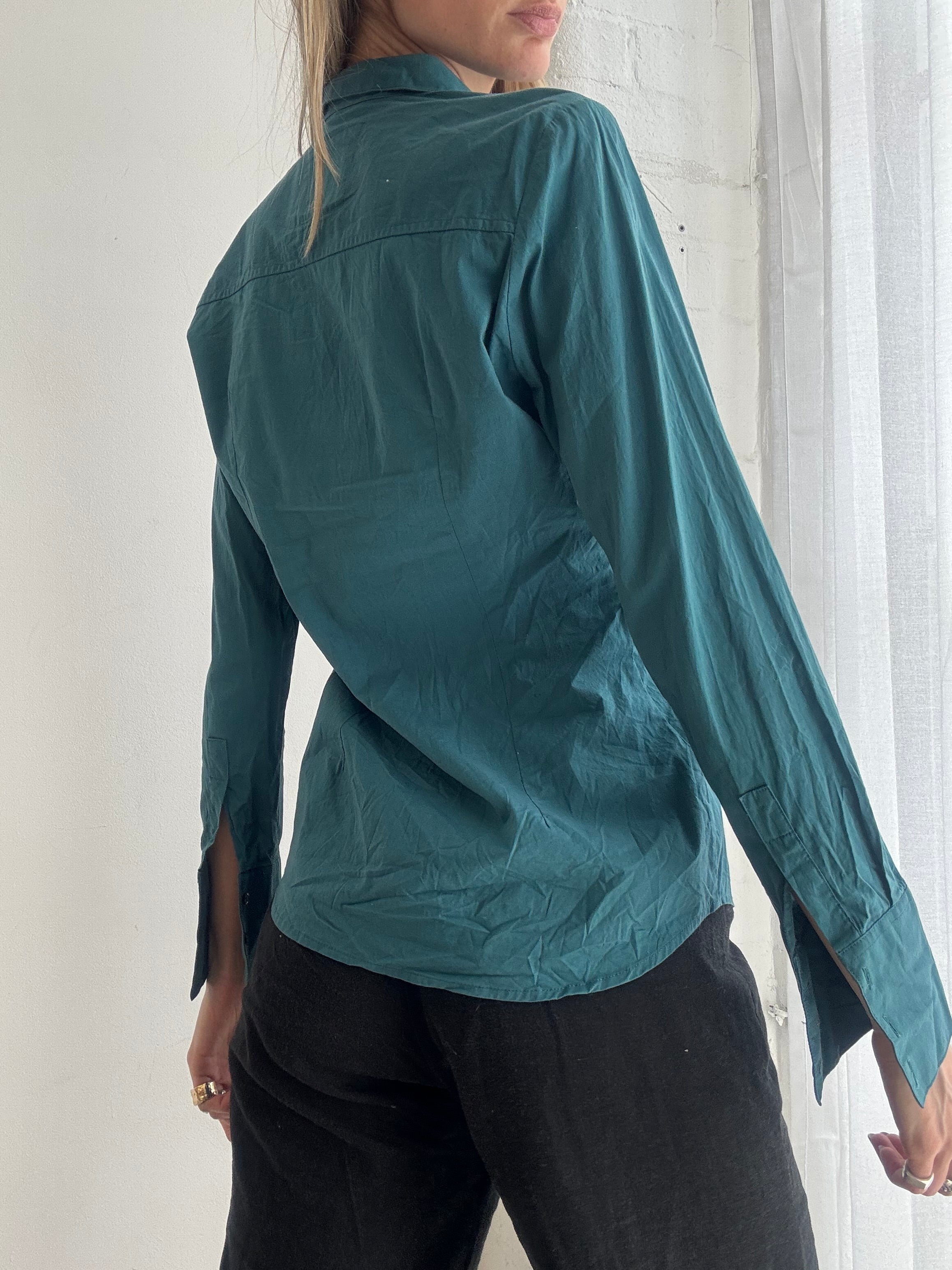 Vintage teal ruffle detail fitted blouse - Size S