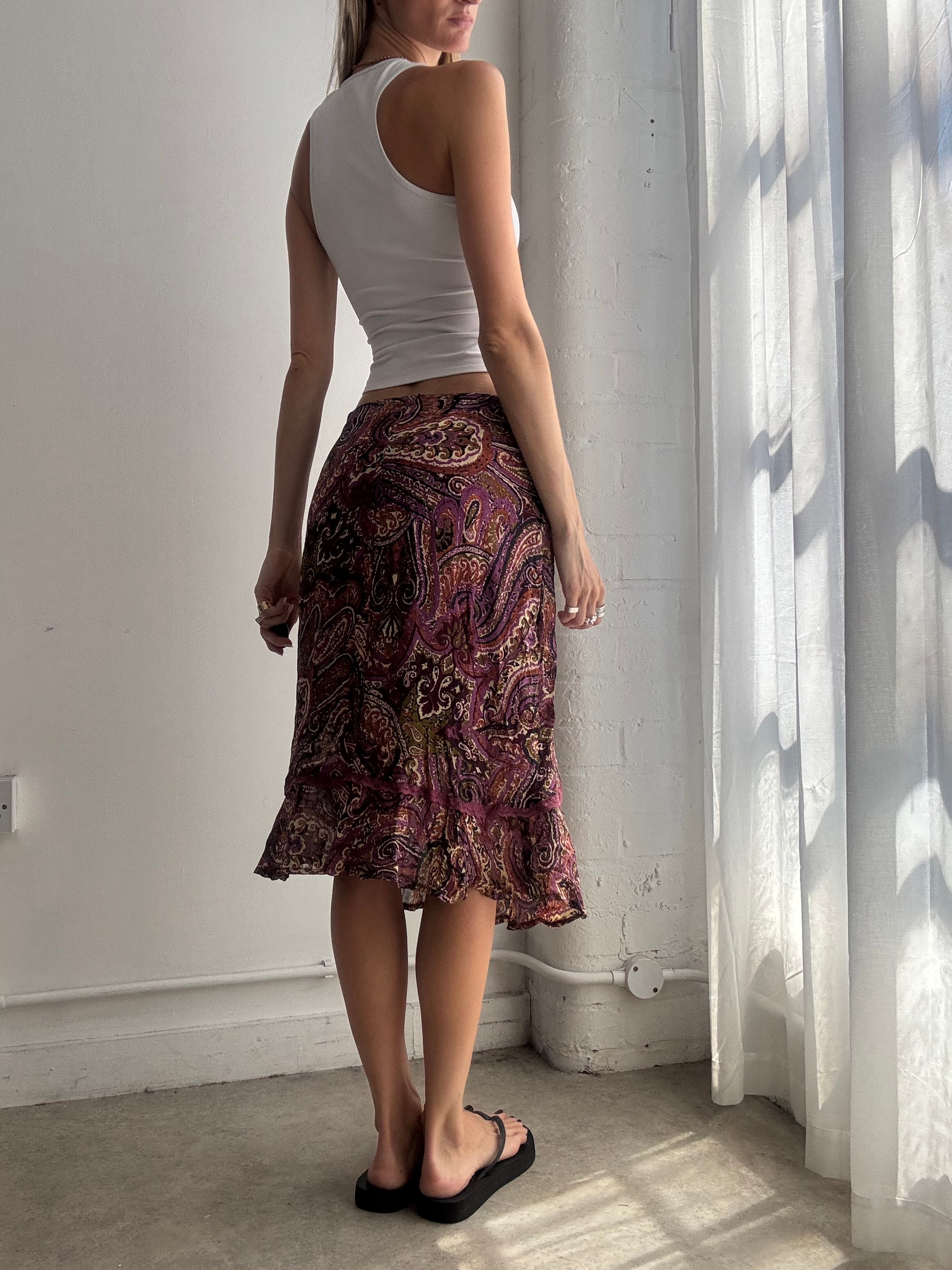 Vintage Paisley Print Mesh Midi Skirt Y2K - Size M
