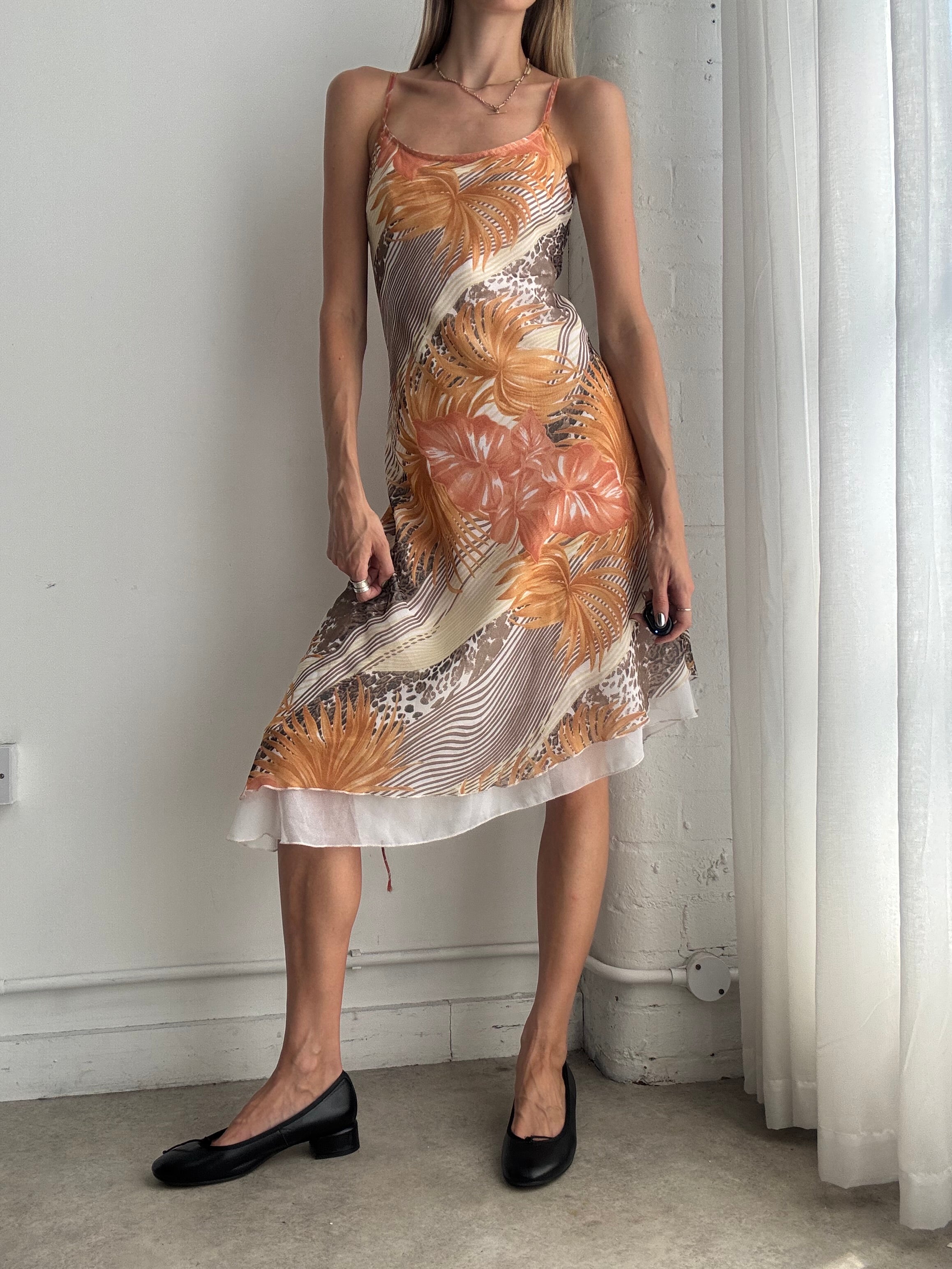 Vintage Y2K Orange Floral Asymmetric Slip Dress – Bias Cut Midi Summer Dress - Size S