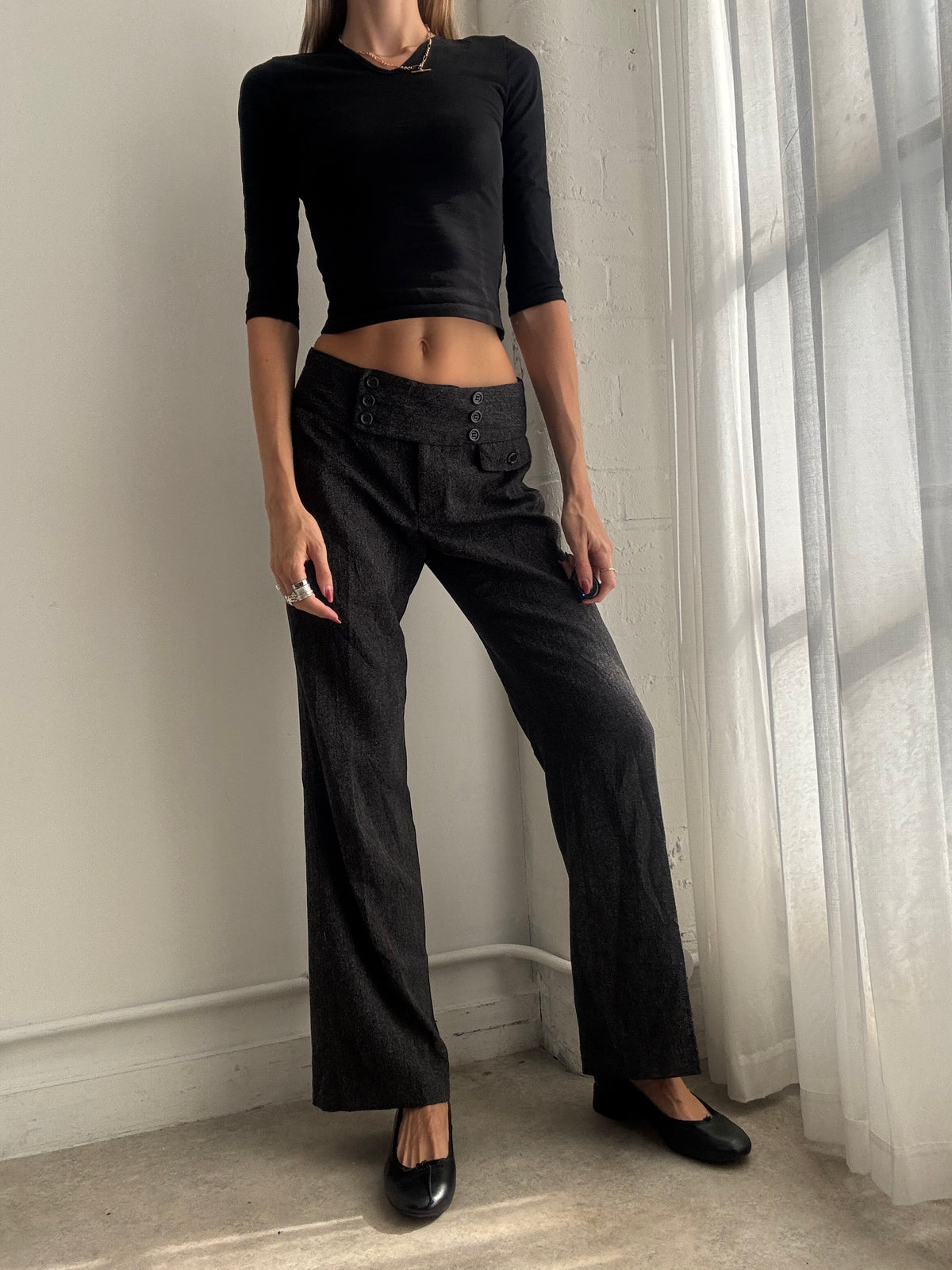 Vintage Y2K Charcoal Grey Low Rise Tailored Trousers - Size S