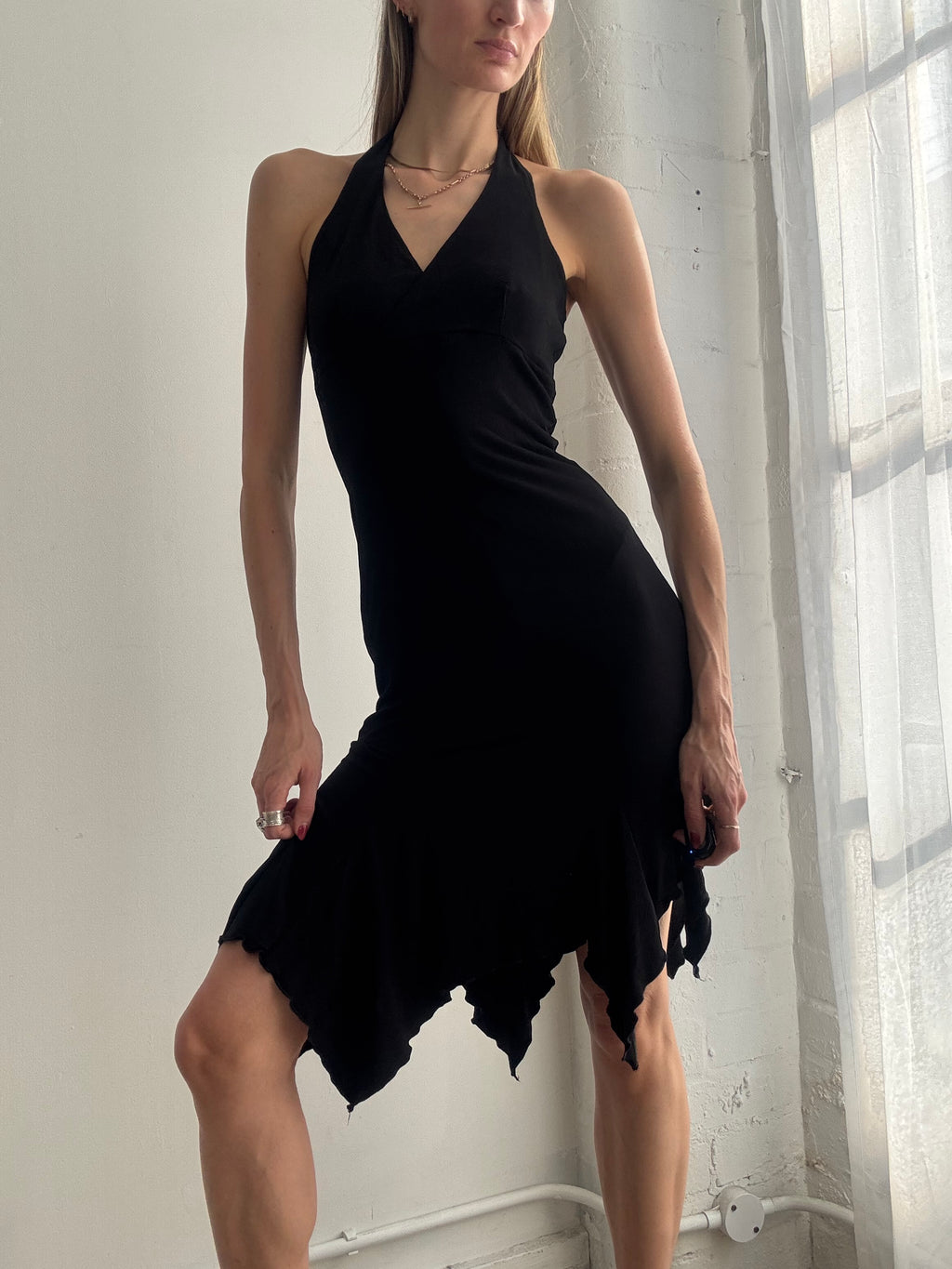 Vintage Y2k Halter Neck Asymmetric Midi Dress Black