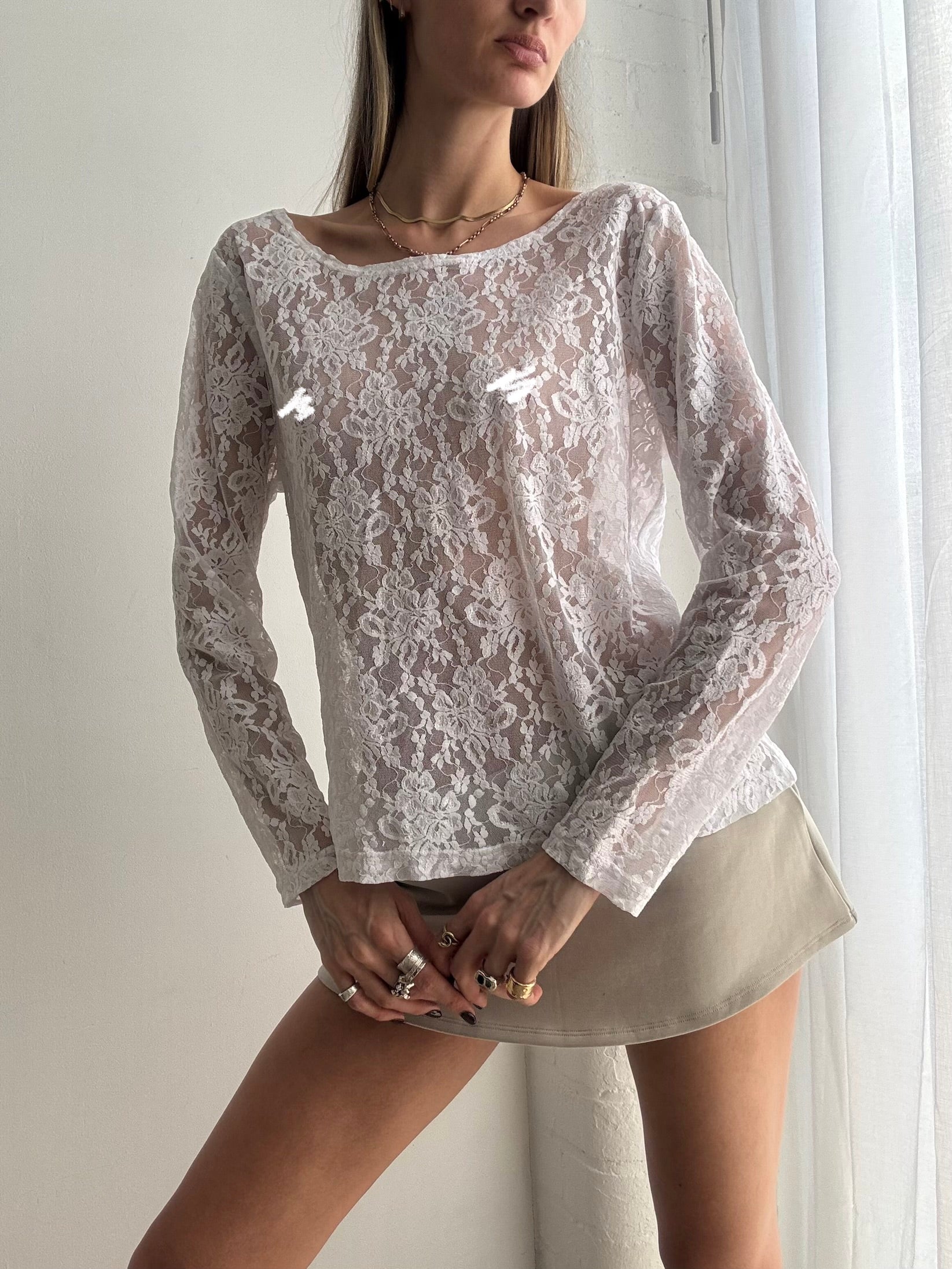 Vintage Y2K sheer white lace long sleeve top - Size L