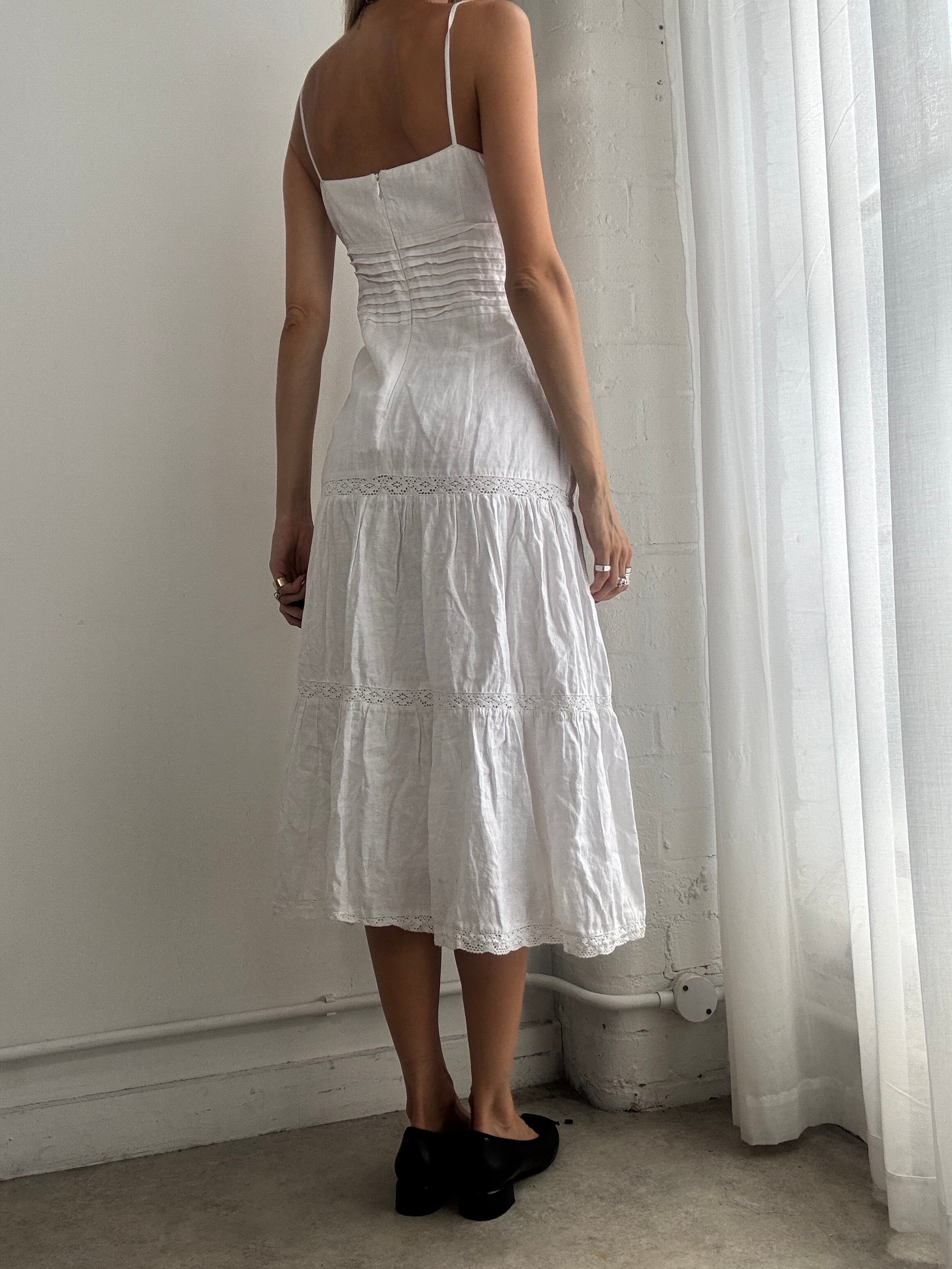 Vintage Y2K White Tiered Cotton Midi Dress - Size S