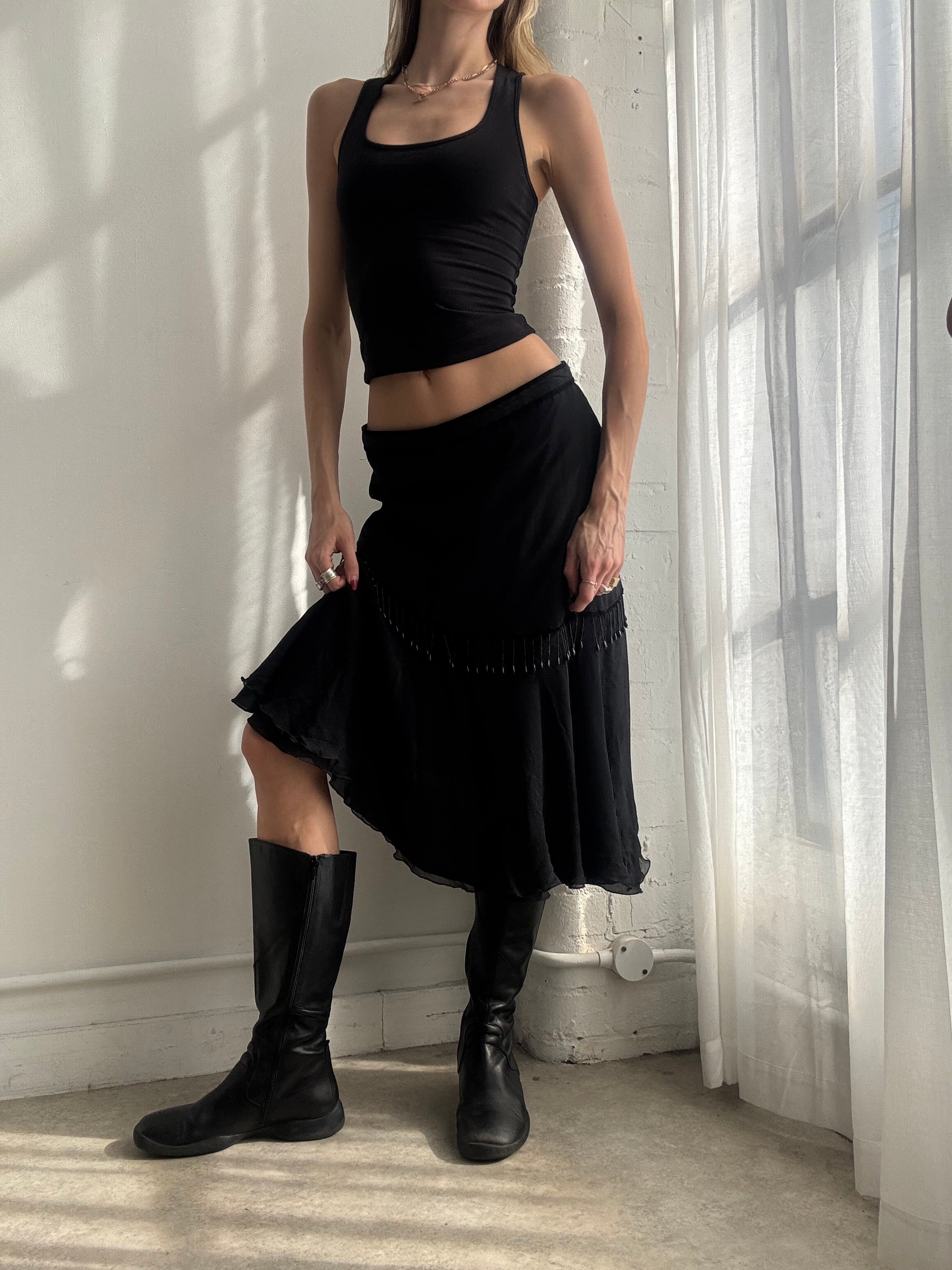 Vintage Y2K black asymmetrical beaded mesh midi skirt