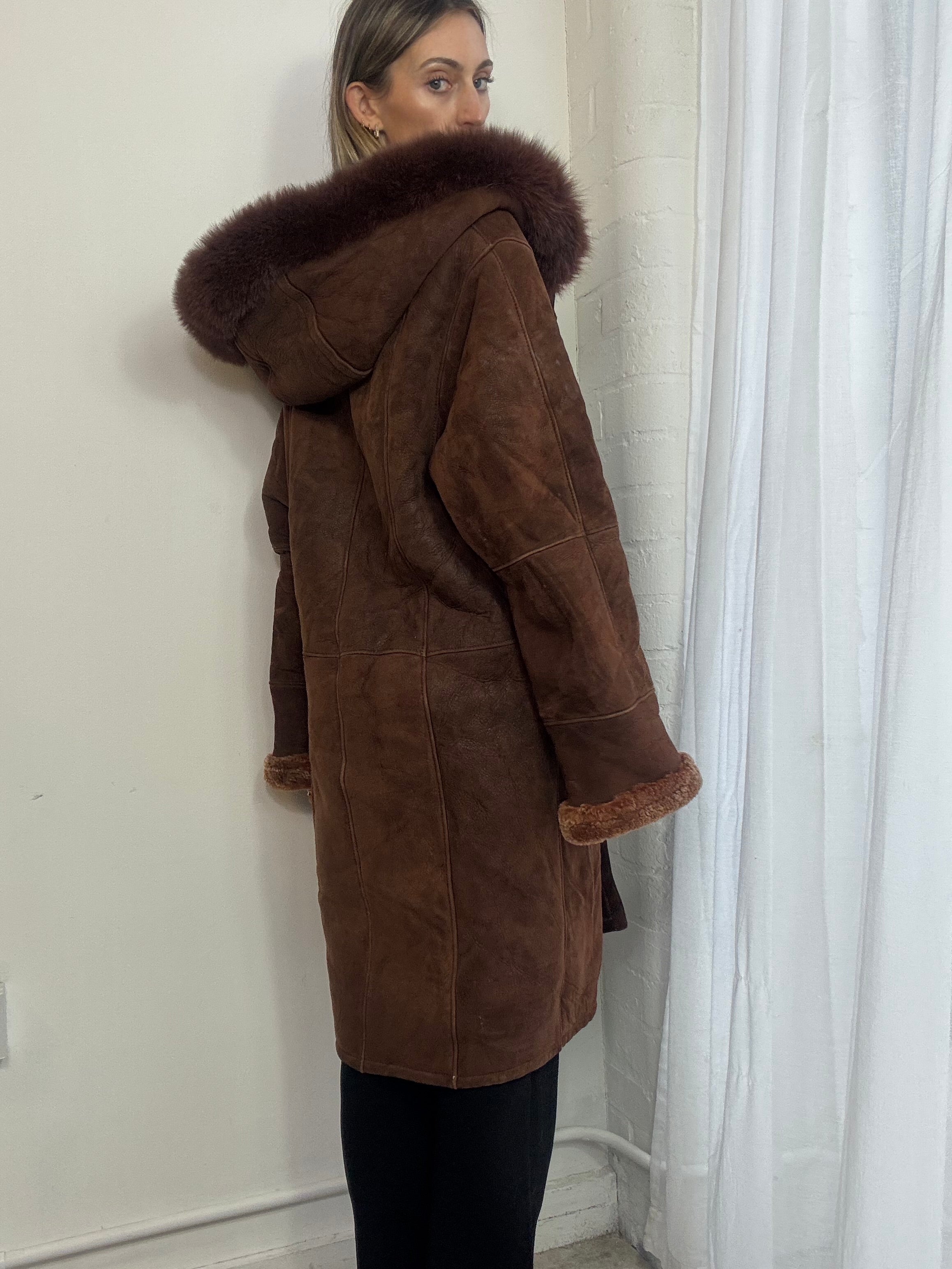 Vintage sheepskin suede long hooded coat fur trim