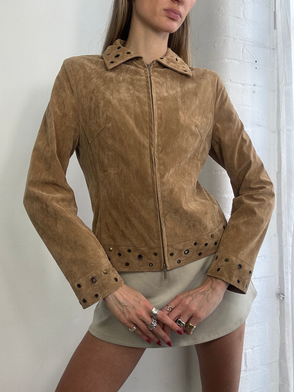 Vintage Y2K tan faux suede studded jacket
