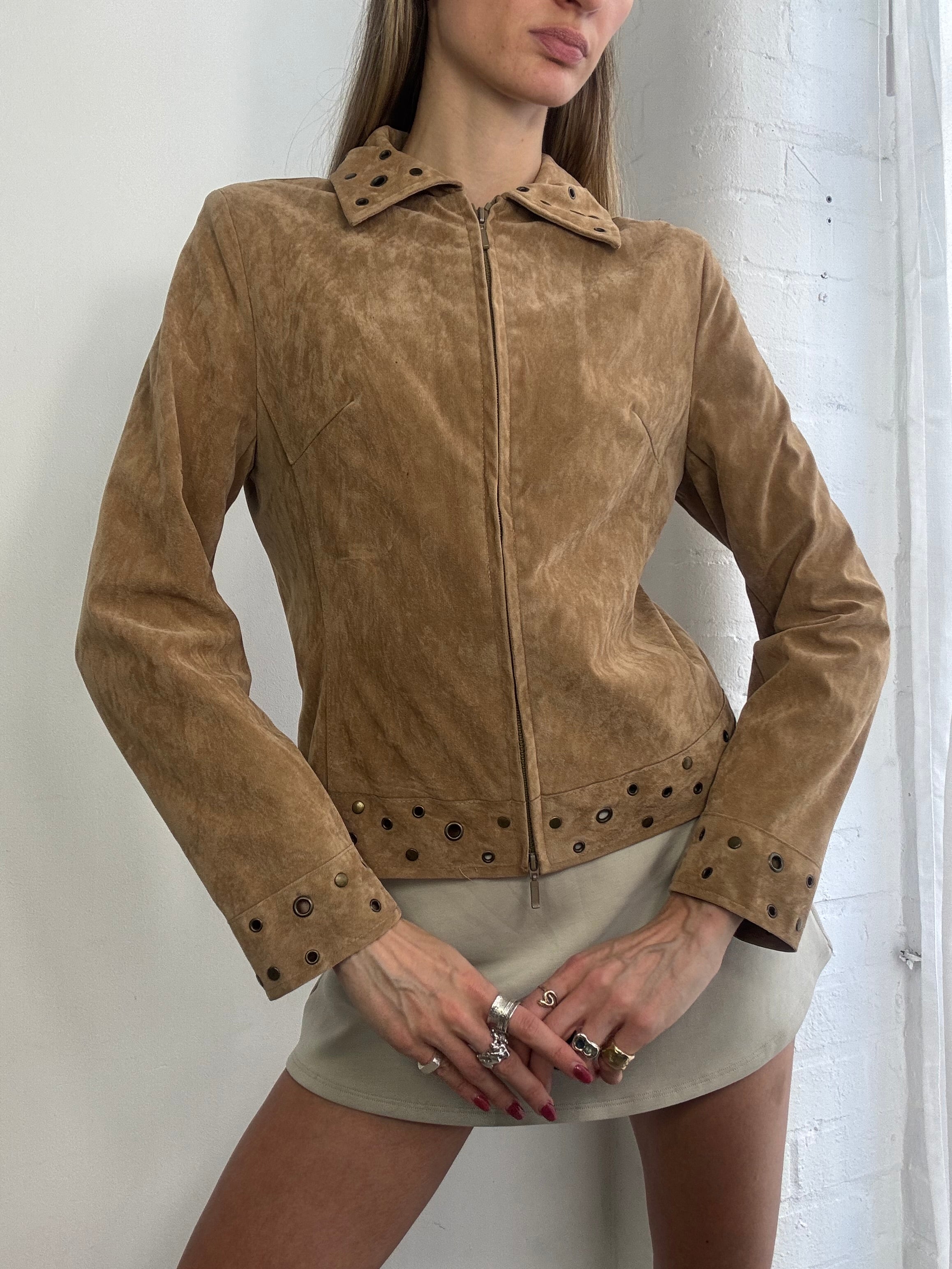 Vintage Y2K tan faux suede studded jacket