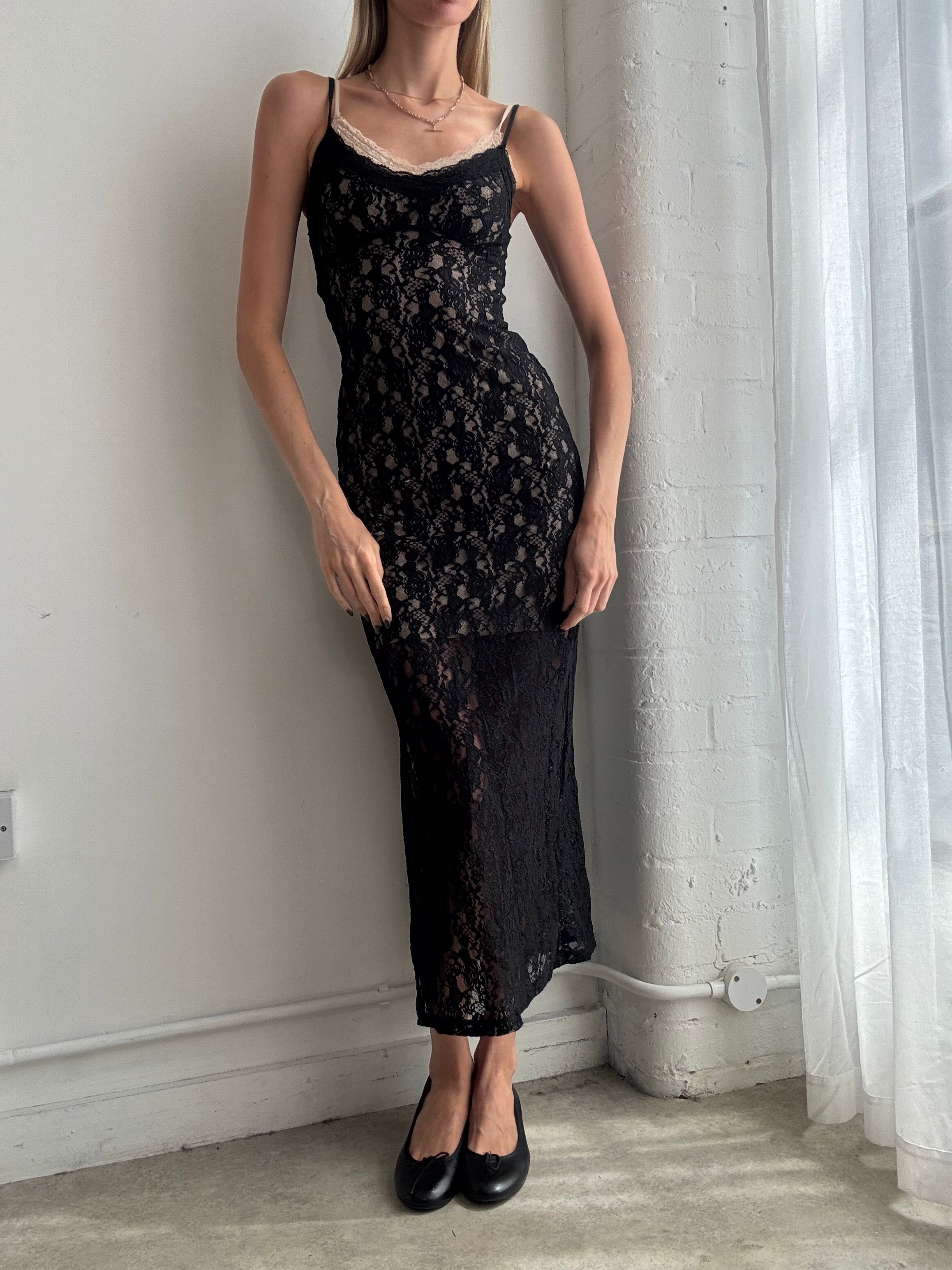 Vintage Y2K black lace slip maxi dress - Size XS