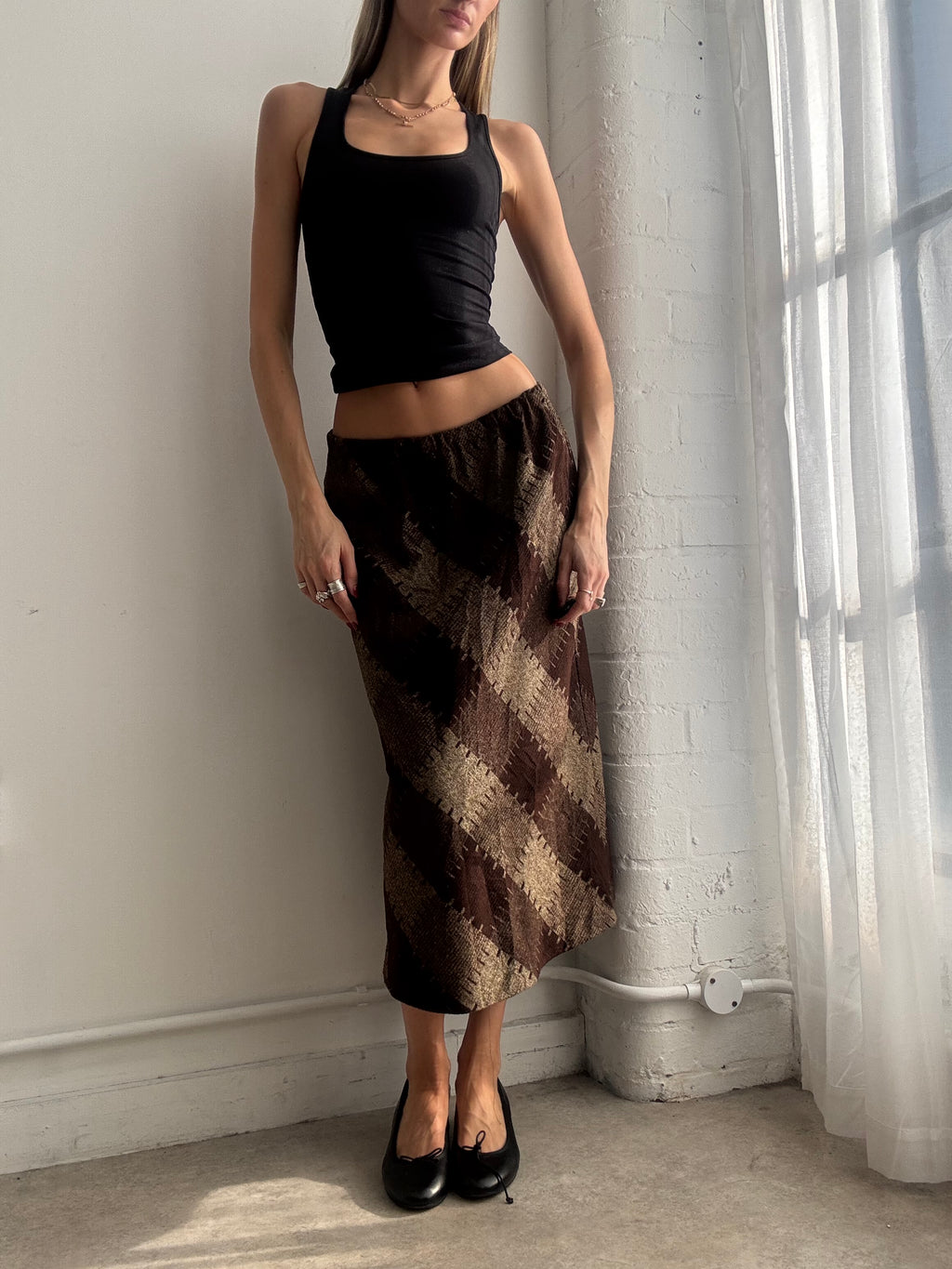 Vintage 90s brown plaid midi skirt