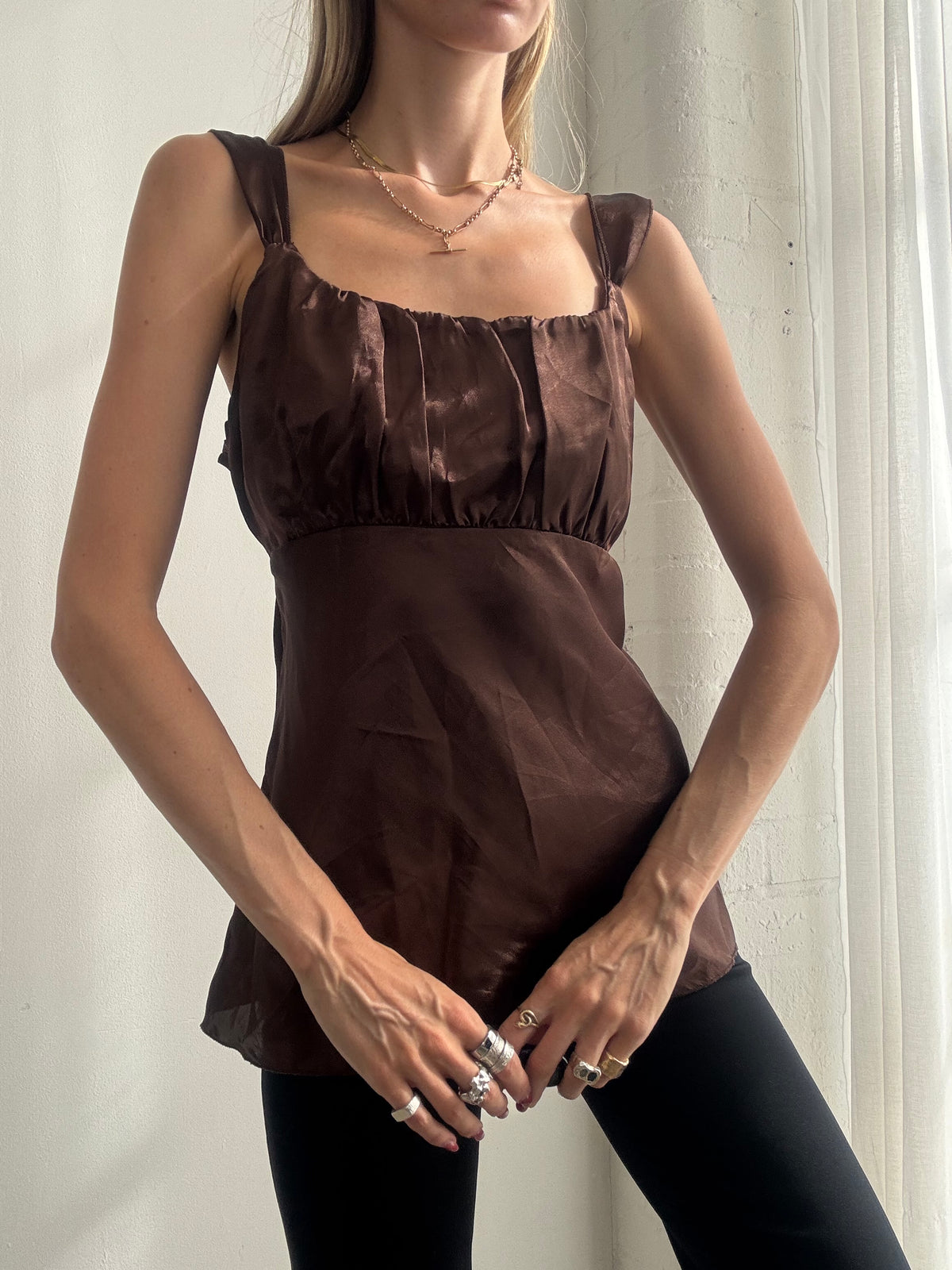 Vintage Y2K Chocolate Brown Satin Babydoll Cami Top - Size L