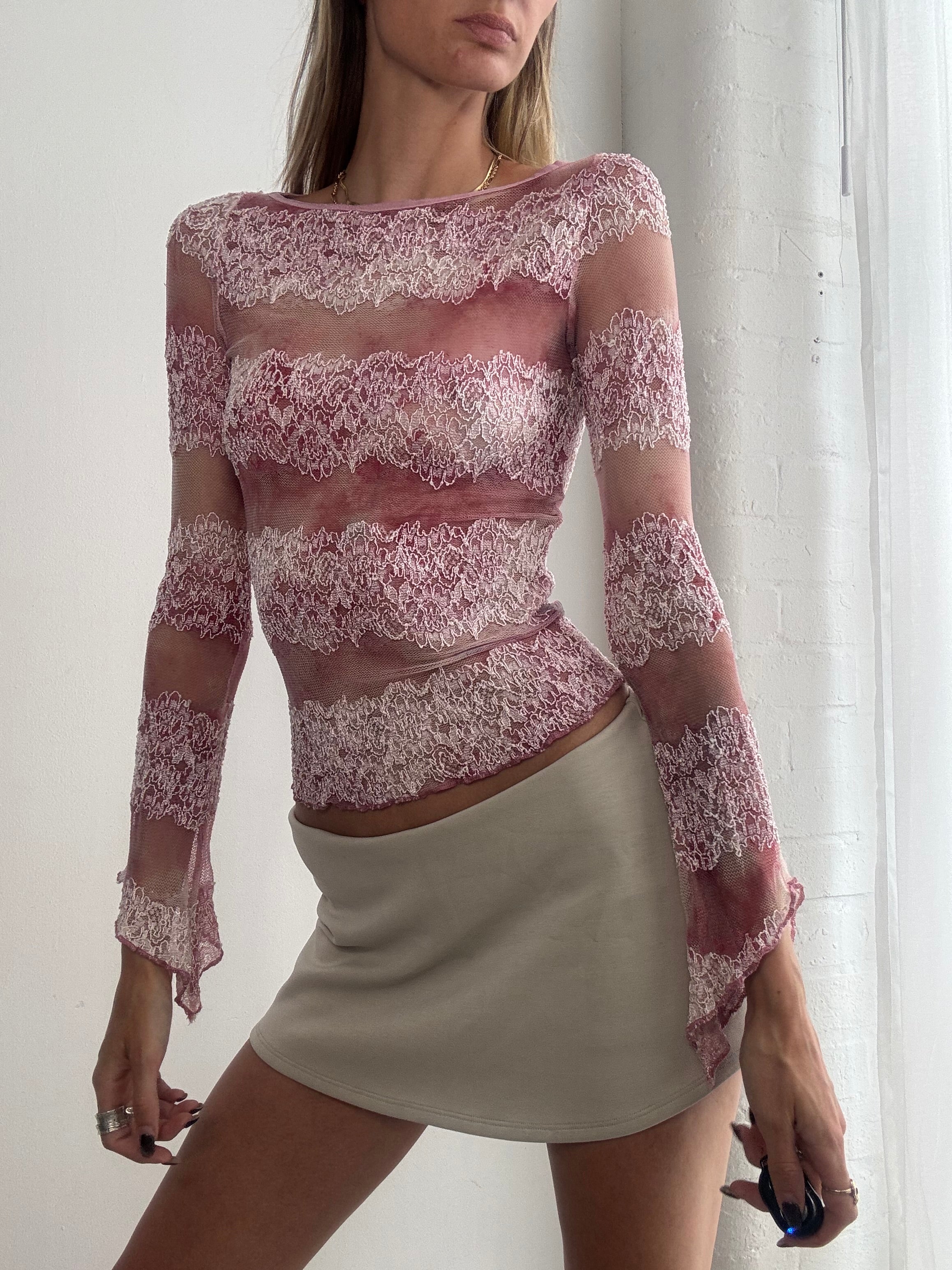 Vintage Y2K pink sheer lace mesh top - Size XS/S