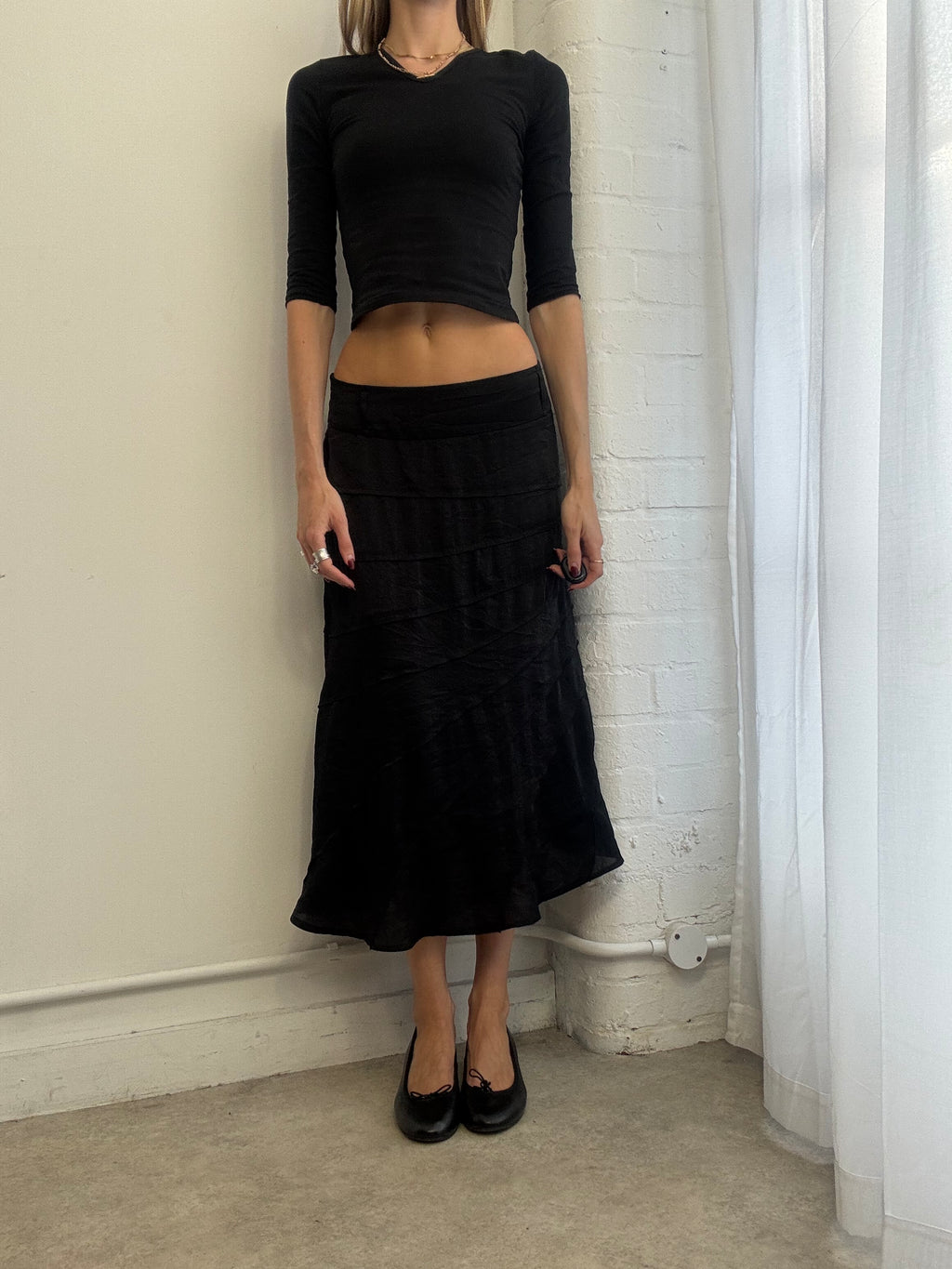 Vintage Y2K black satin midi skirt