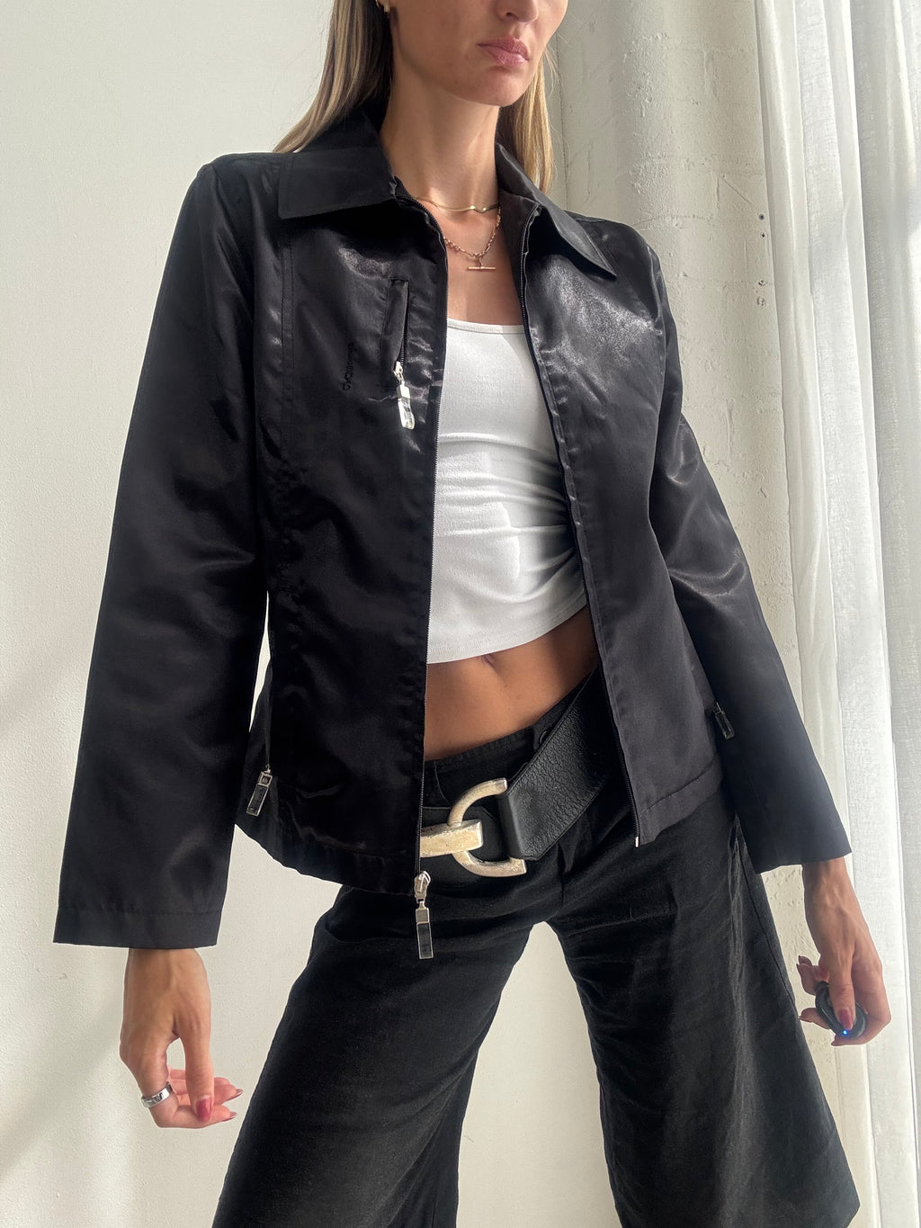 Vintage Y2K Black Satin Fitted Zip-Up Jacket - Size S