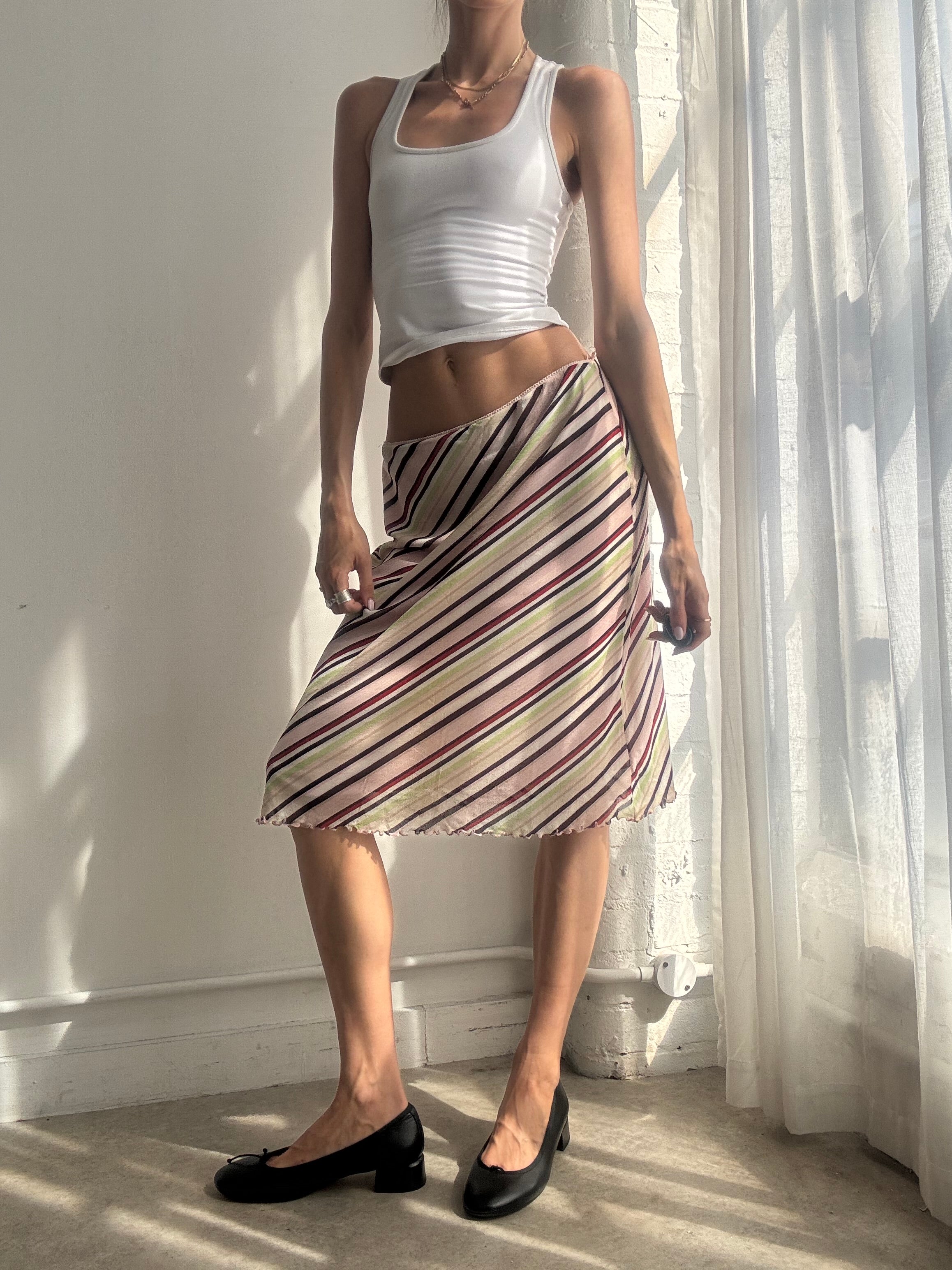 Vintage Y2K Multicolour Stripe Mesh Midi Skirt - Size M/L