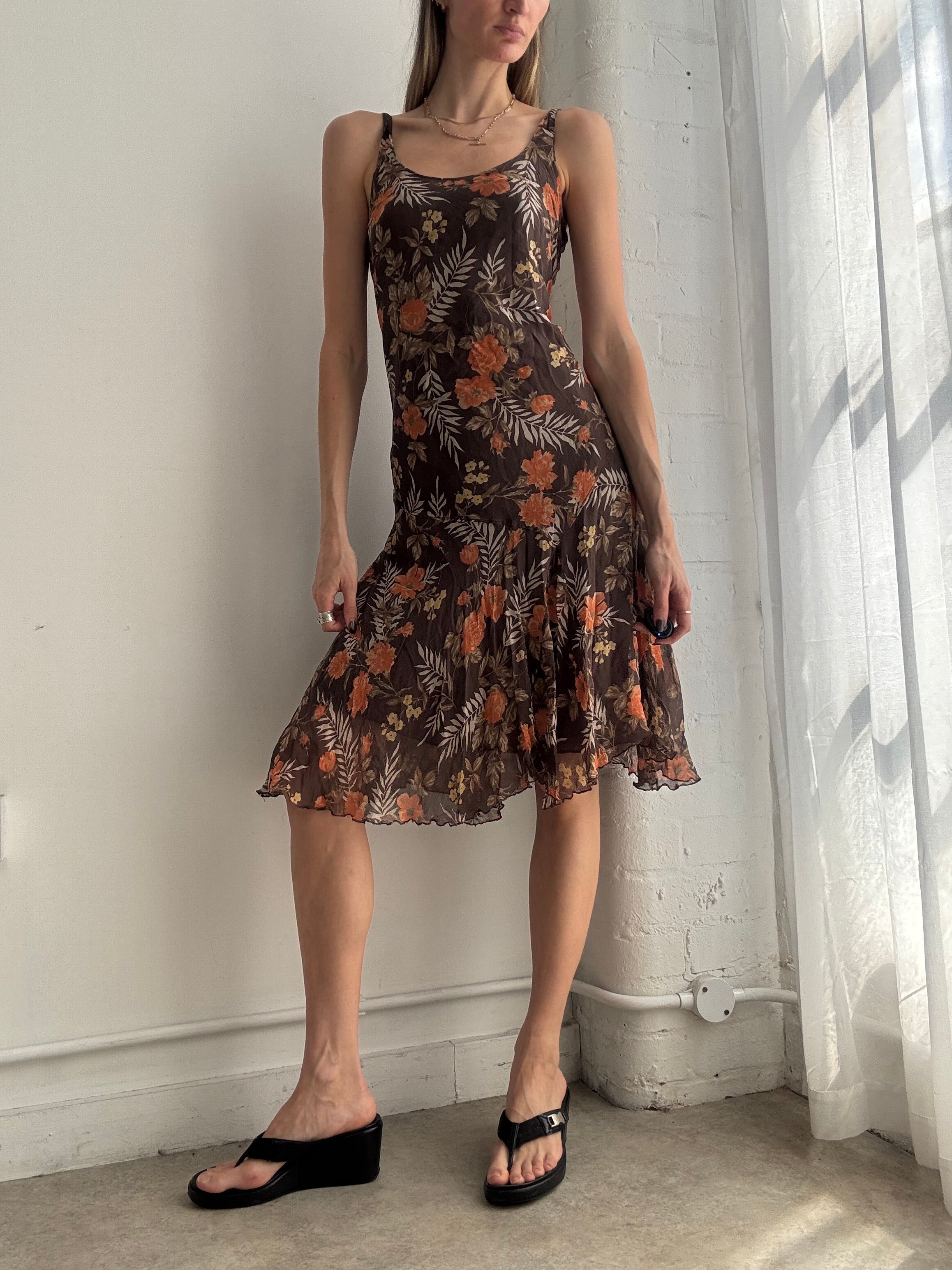 Vintage Y2k floral ruffle hem silk midi dress - Size S/M